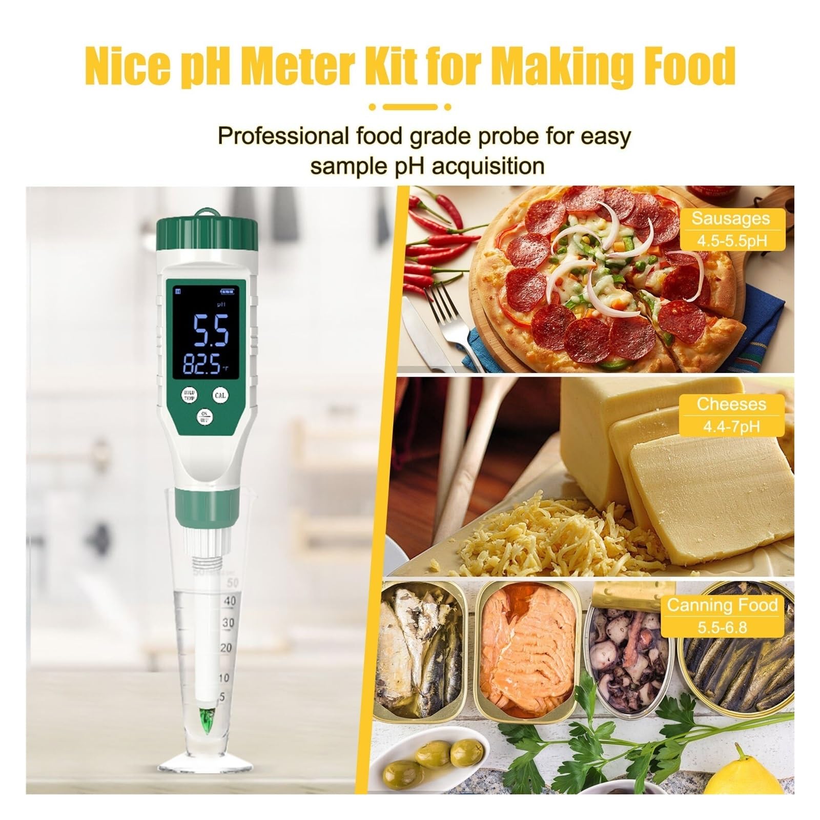 Medidor de PH alimentos inteligente, Monitor Digital acidez, probador for suelo, cosmético, queso, carne, fruta, masa madre,Alta precisión