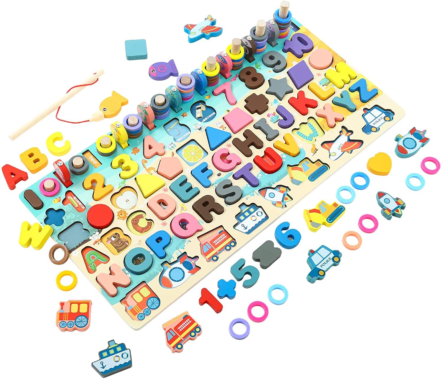 Vianz 7 in 1 Montessori Wooden Puzzle Toy, Alphabets, Numbers, Shapes, Vehicles, Fishing Game, Rings Stacking, Preschool Counting Toy, Educational Learning Toy for Toddlers (B0CPQ6V1RT) Amazon Price History, Amazon Price Tracker