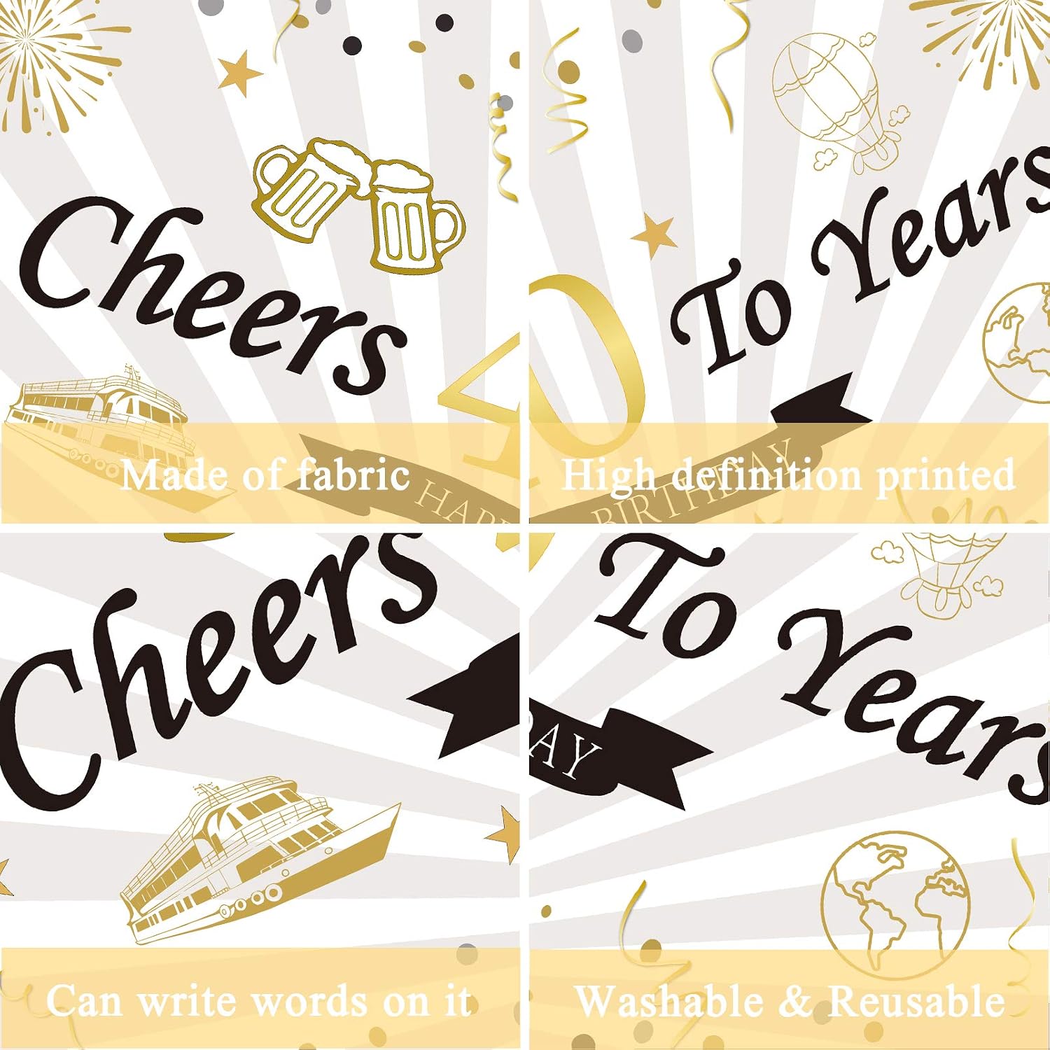 40th Women Men Birthday Decorations, Backdrop Decor With Balloons Set, 1970 Happy Black And Gold Female Banner For Unisex, Gift For Anniversary Christmas, Over The Hill Party Supplies (WHITE)
