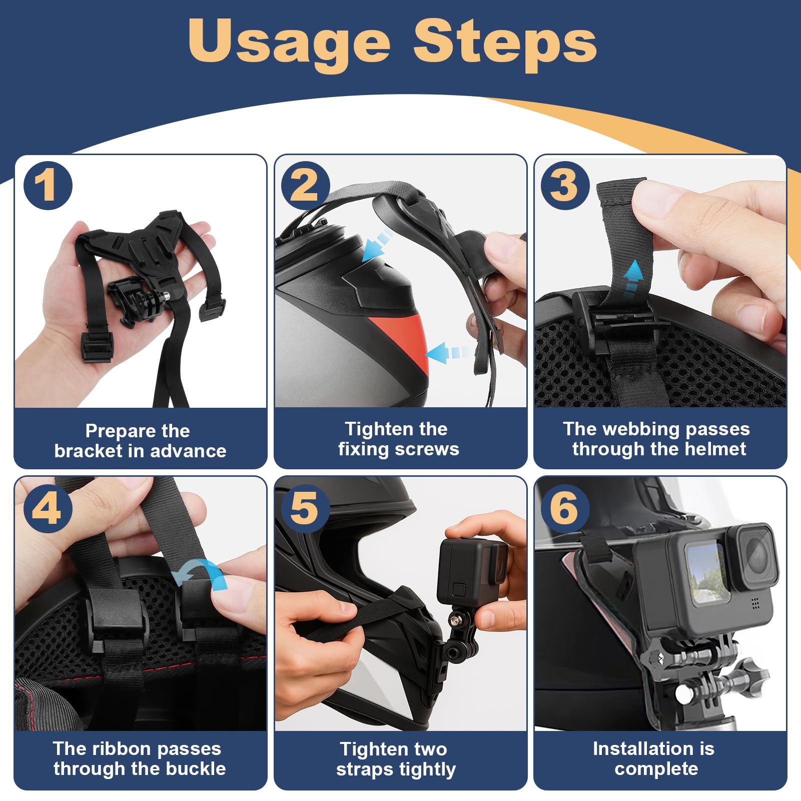 Support de Casque Moto Menton pour GoPro Hero 13 12 11 10 9 8 7 6 5 pour DJI OSMO Action 5 Pro 4/3 Fixation de Menton pour Session avec Crochet en J Sangle Silicone Antidérapant Facile à Installer