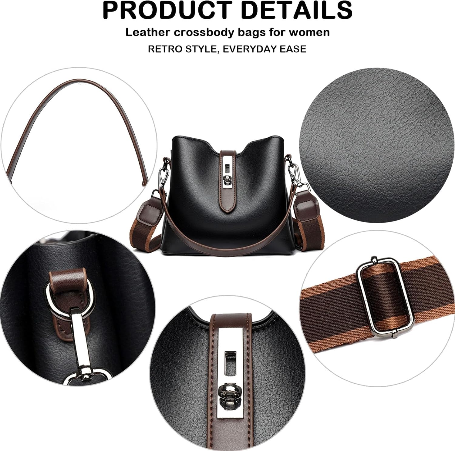 Bucket Bags for Women-Vintage Crossbody Purse Vegan Leather Small Shoulder Handbag for Daily Use - Image 5