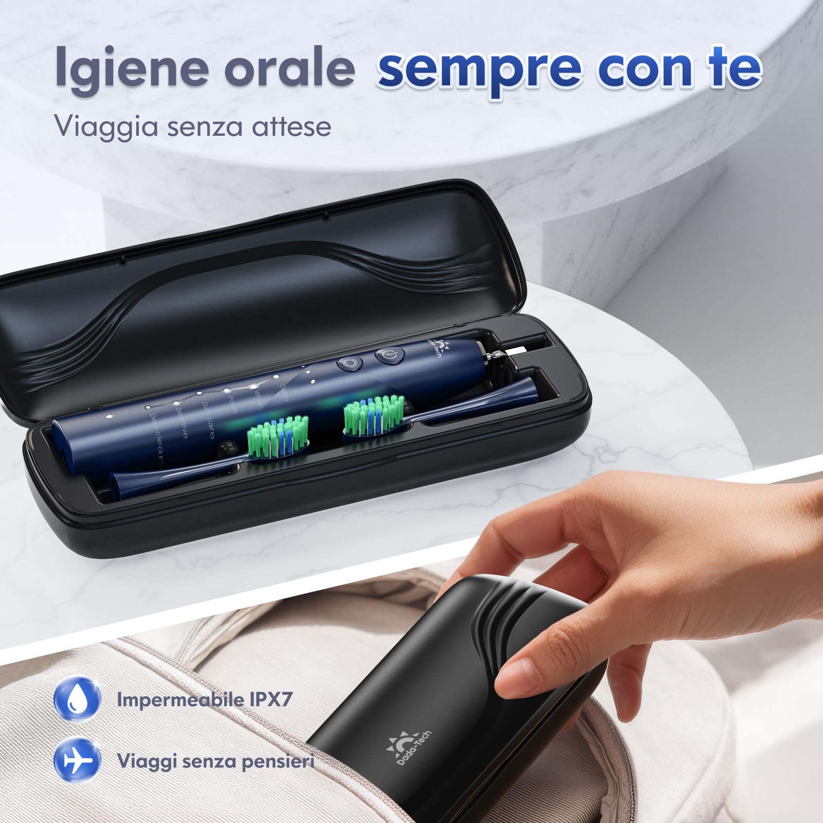 Spazzolino elettrico per adulti ricaricabile, sonico, con custodia per viaggio, supporto e 7 teste di spazzolino, 6 modalità e 3 intensità, timer da 2 minuti (blu)