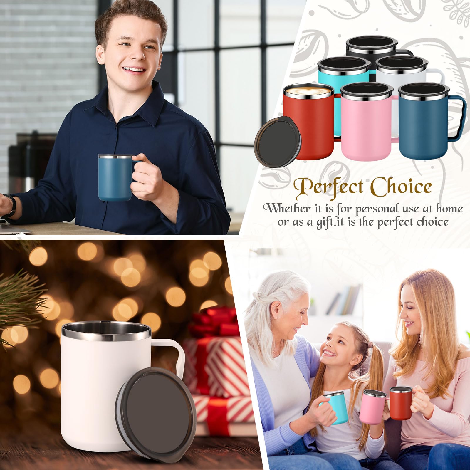 Paquete de 6 tazas de café con asa y tapa, taza aislada de acero inoxidable de 17 onzas, taza de vacío de doble pared, reutilizable, térmica, tazas de té para el hogar, oficina, campamento