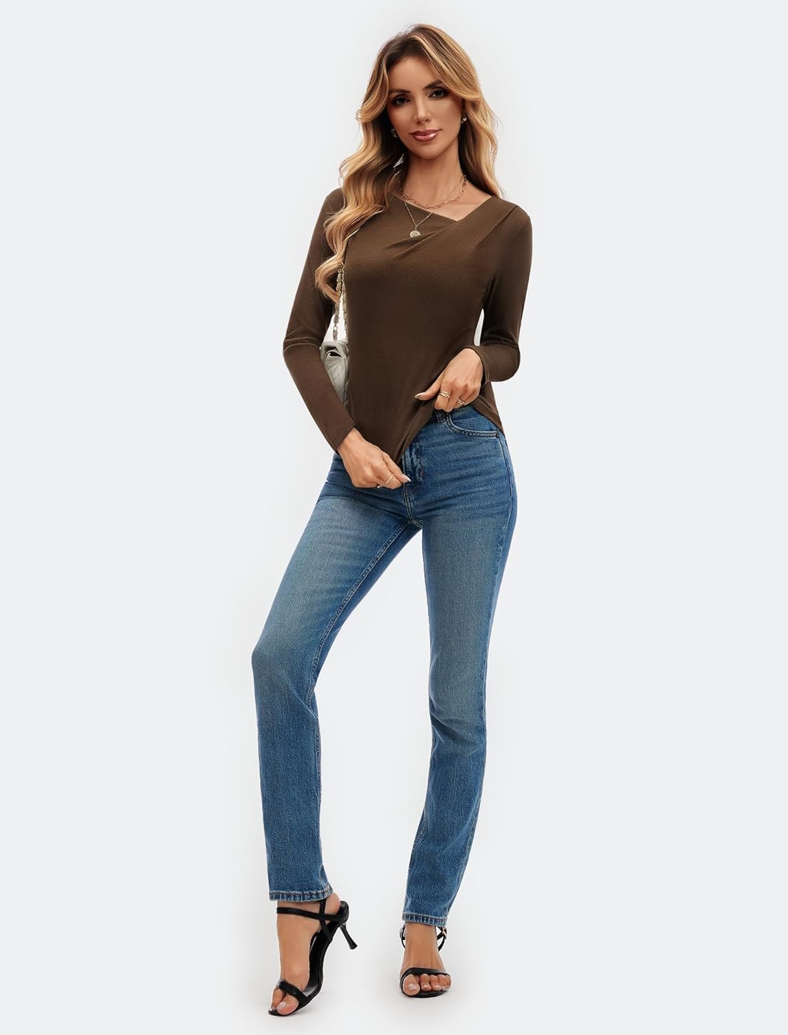 Women's Asymmetrical V Neck Tops Long Sleeve Slim Fit Going Out Ribbed Top Trendy Outfits Blouses 2025 Coffee - Image 7