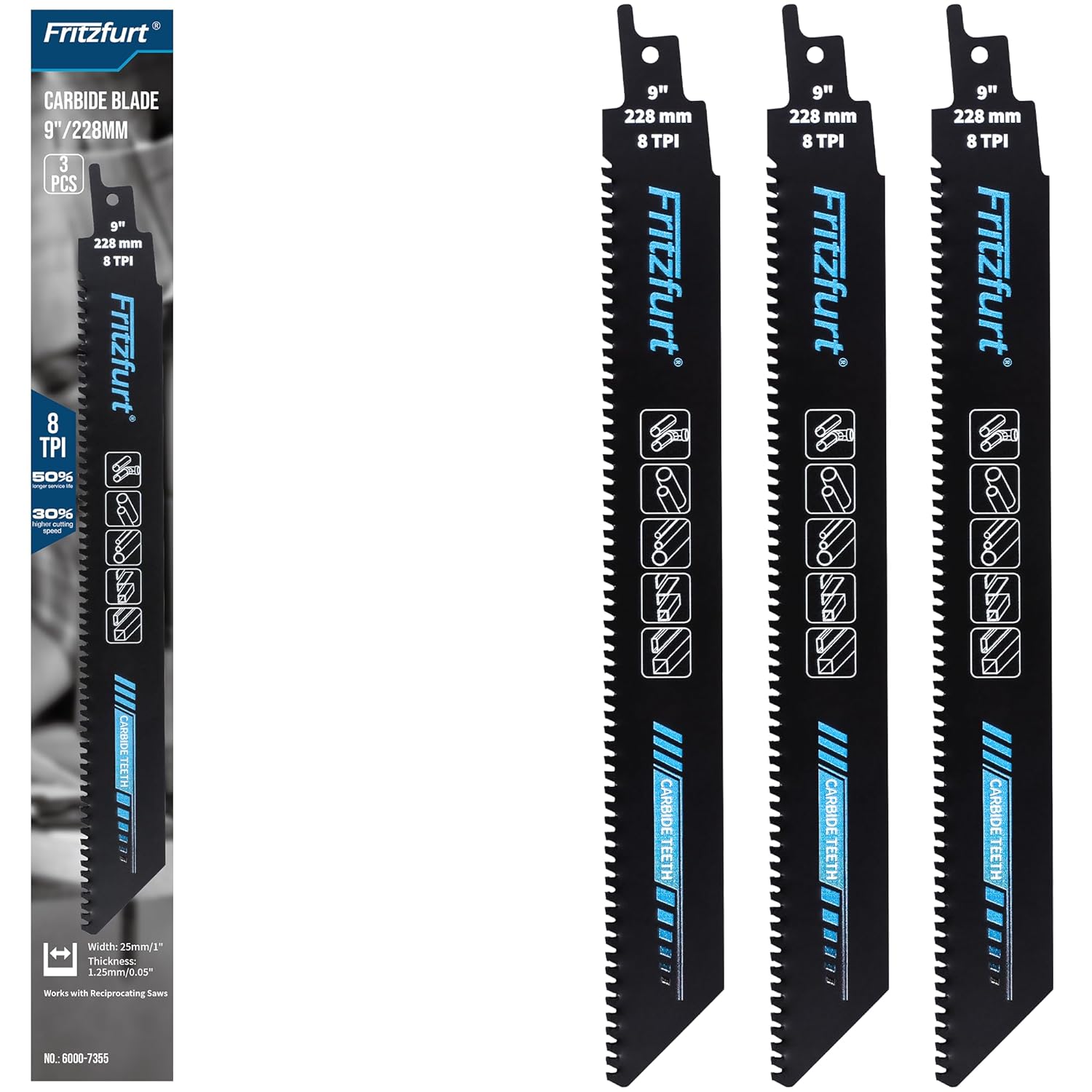 9-Inch (228mm) 8TPI Carbide Teeth Reciprocating Saw Blade Set (3-Pack) for Metal Cutting | Cuts Stainless Steel, Cast Iron & High Strength Alloys | Universal 1/2" Shank