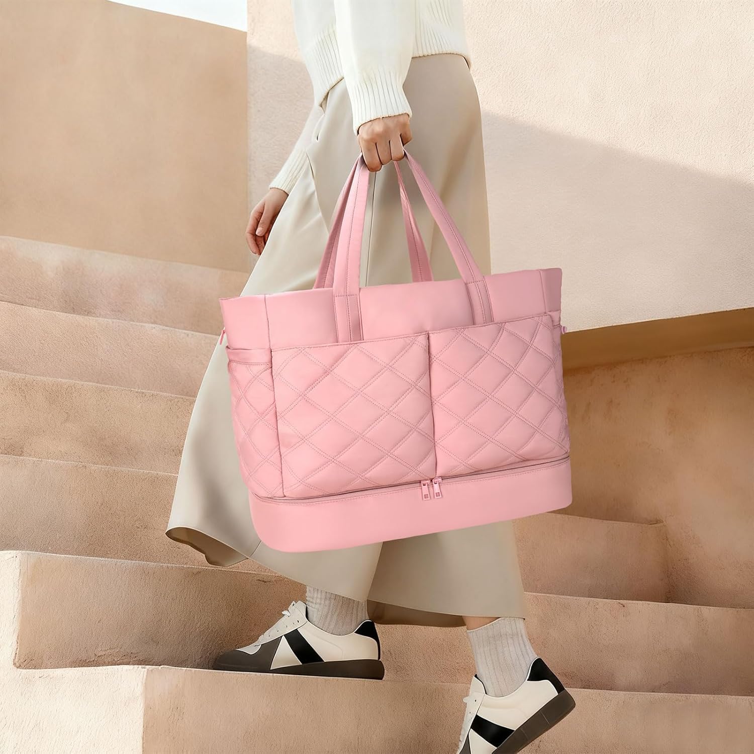 Weekender Bag for Women Men, Large Overnight Bag Faux Leather Travel Duffel Bag with Shoe Compartment Toiletry Packing Cube Carry On Bag Fit 21" Laptop 3Pcs Set (2PCS Pink) - Image 8