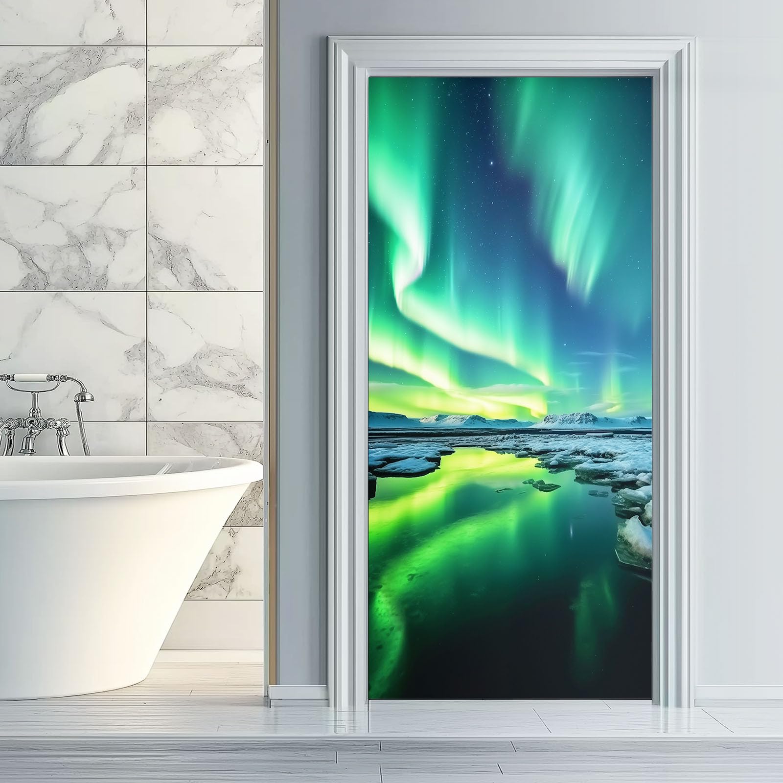 Natura, krajobraz 3D, mural na drzwi, samoprzylepny, zorza polarna, Islandia, sztuka, usuwalne murale, naklejki na drzwi, turkusowe naklejki z PCW, do sypialni, łazienki, biura, 95 x 215 cm, zestaw 2