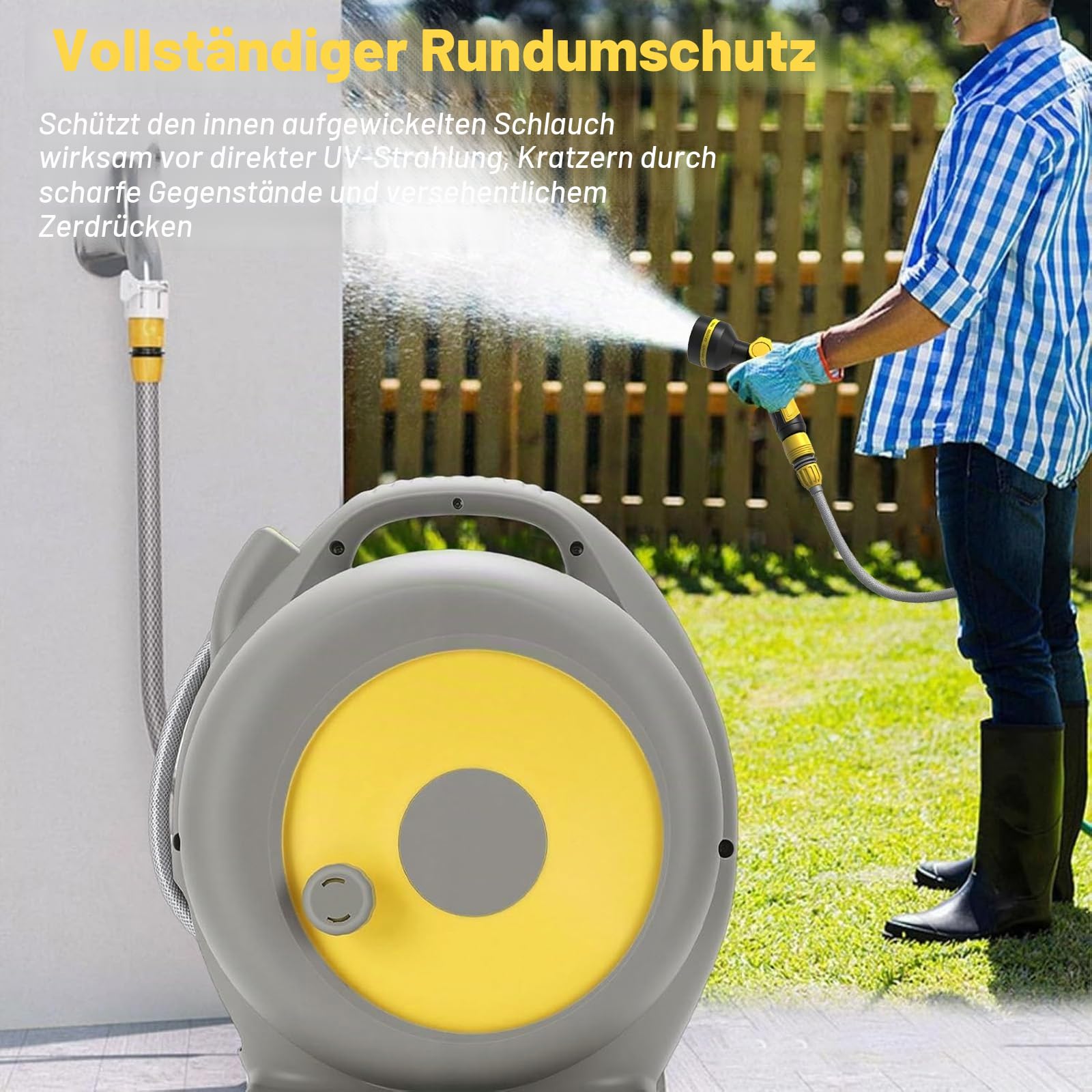 Garten Schlauchtrommel, Mobile Einziehbarer Gartenschlauch, Schlauchaufbewahrung mit 10-Funktionen-Multi-Handbrause, Schlauchaufroller für Ordentlich und tragbar, mit 15m Gartenschlauch