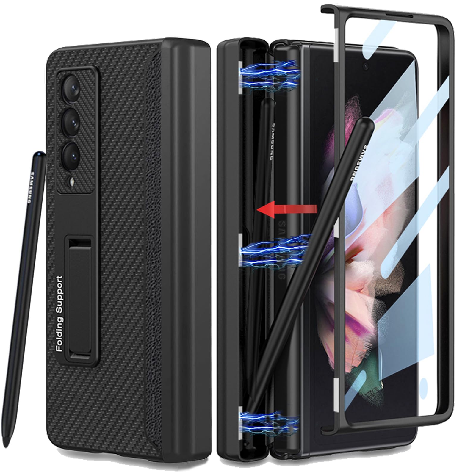 for Samsung Galaxy Z Fold 3 Case with Pen Holder,Hinged Built-in Pen Holder,with Screen Protector&Adjustable Bracket,Luxury Business Leather Cover Case for Galaxy Z Fold 3 (Carbon Fiber)