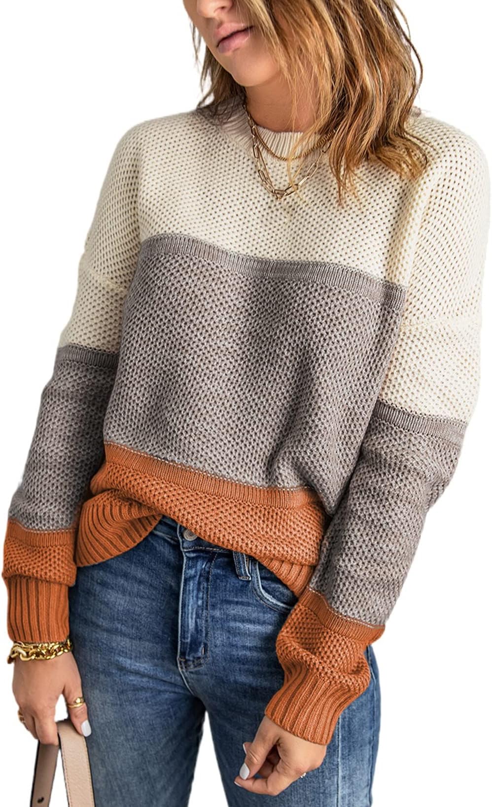 Women's Crew Neck Color Block Sweater Long Sleeve Lightweight Knit Pullover Tops
