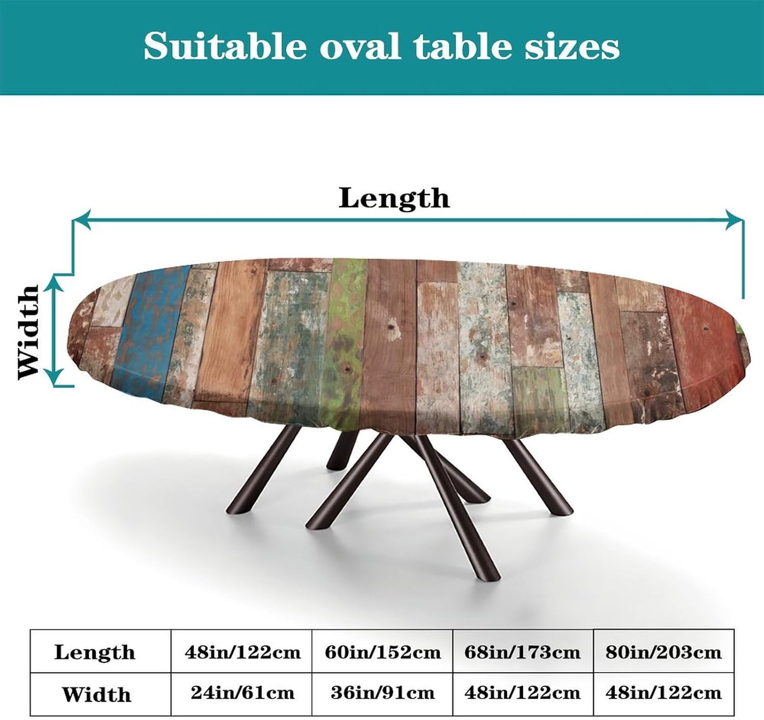 Oval Fitted Tablecloth with Elastic Edge,Geometric Blossom Colorful Wood Style Wipe Clean Table Cloth,for Kitchen Dining Tabletop Decoration,Fits for 48 x 80”Oval Table