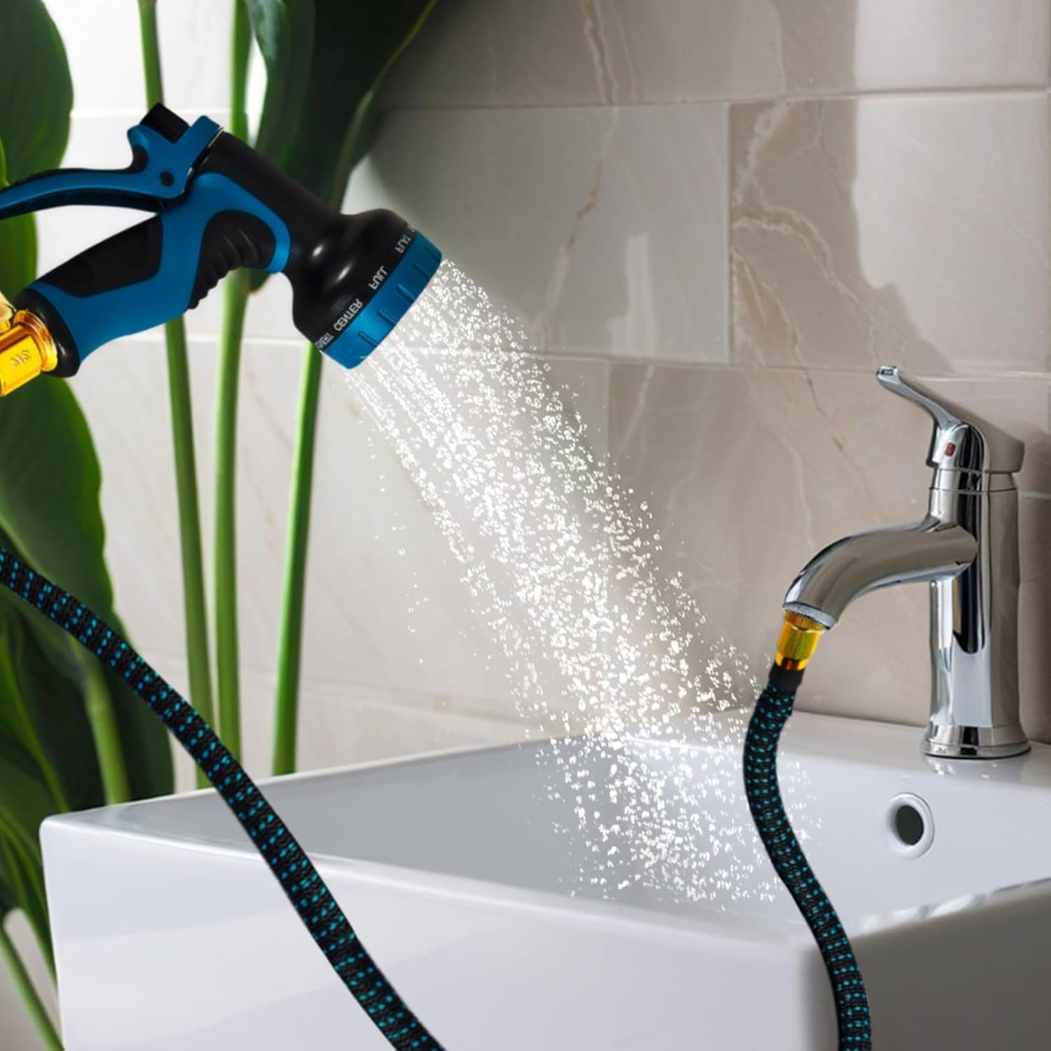 Sink Hose Attachment for Faucet 50 FT Indoor, Kitchen Bathroom Hose Faucet with 7 Adapters for Watering Indoor Plants, Washing Pets, Household Cleaning, Car Washing, Blue