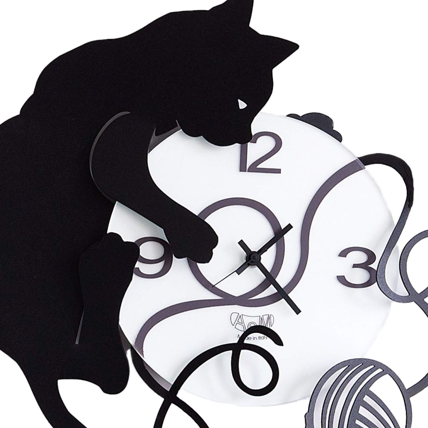 Arti & Mestieri Gatto Gomitolo - Orologio da Parete di Design 100% Made in Italy - in Ferro, Diametro 35 x 43 cm - Nero Goffrato
