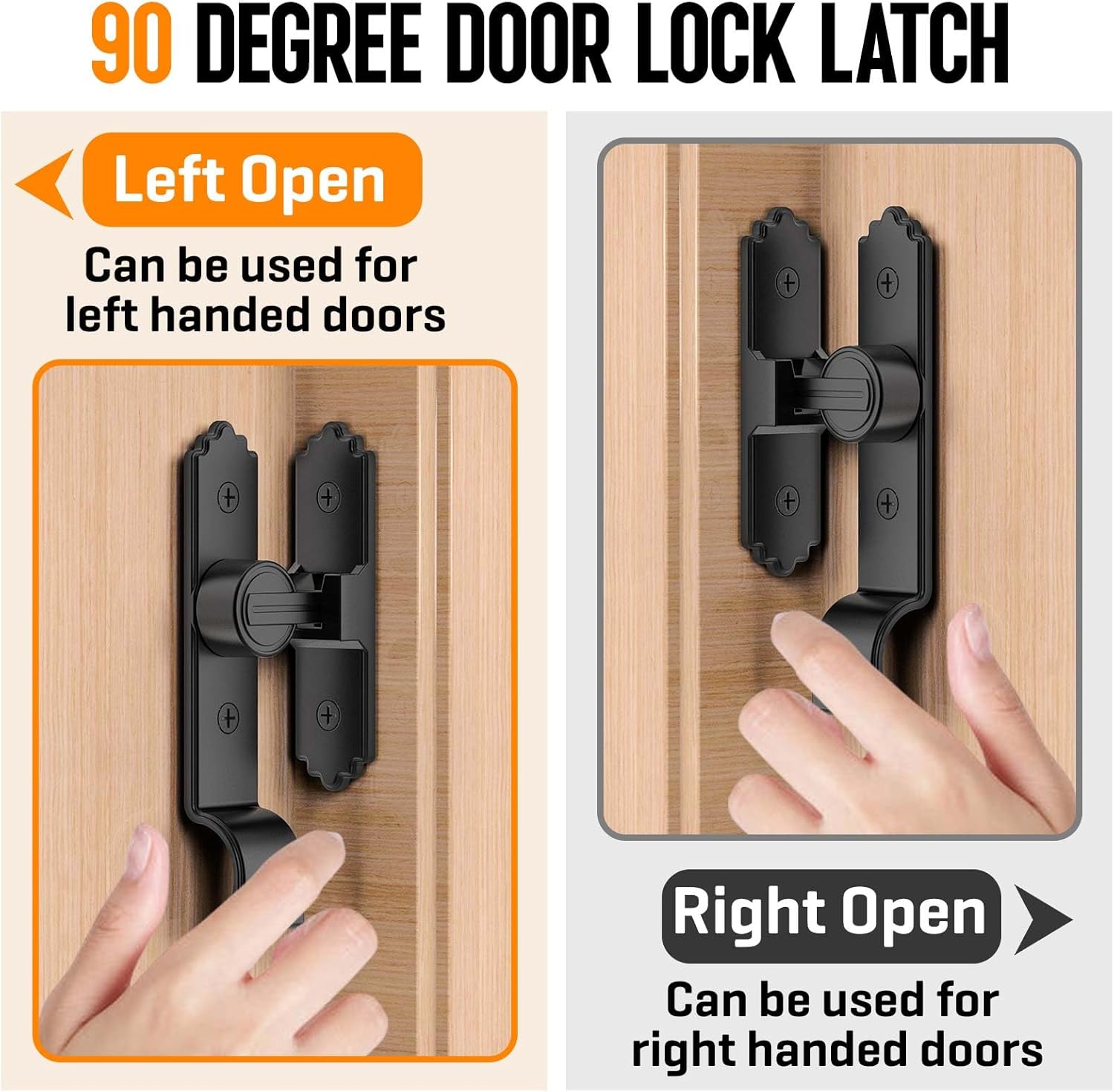 90/180 Degree Barn Door Latch, Heavy Duty Hardware Sliding Screen Door Lock, Sliding Latch Lock with Handle for Bathroom, Bedroom, Cabinets, Garden, Garage, Outdoor (90 Degree Black-1pcs)