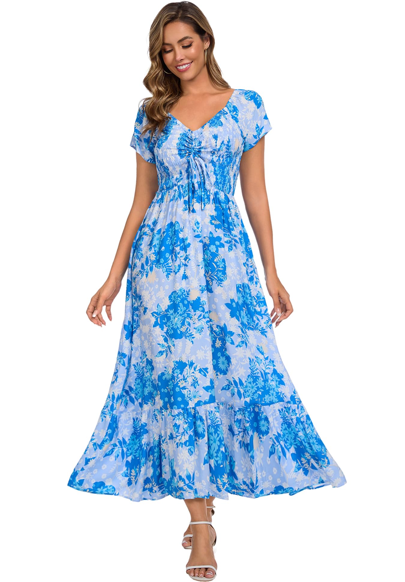 Summer Floral Smocked Maxi Dress for Women 2026 Casual Flowy Tiered A Line Boho Beach Party Long Dresses with Short Sleeve