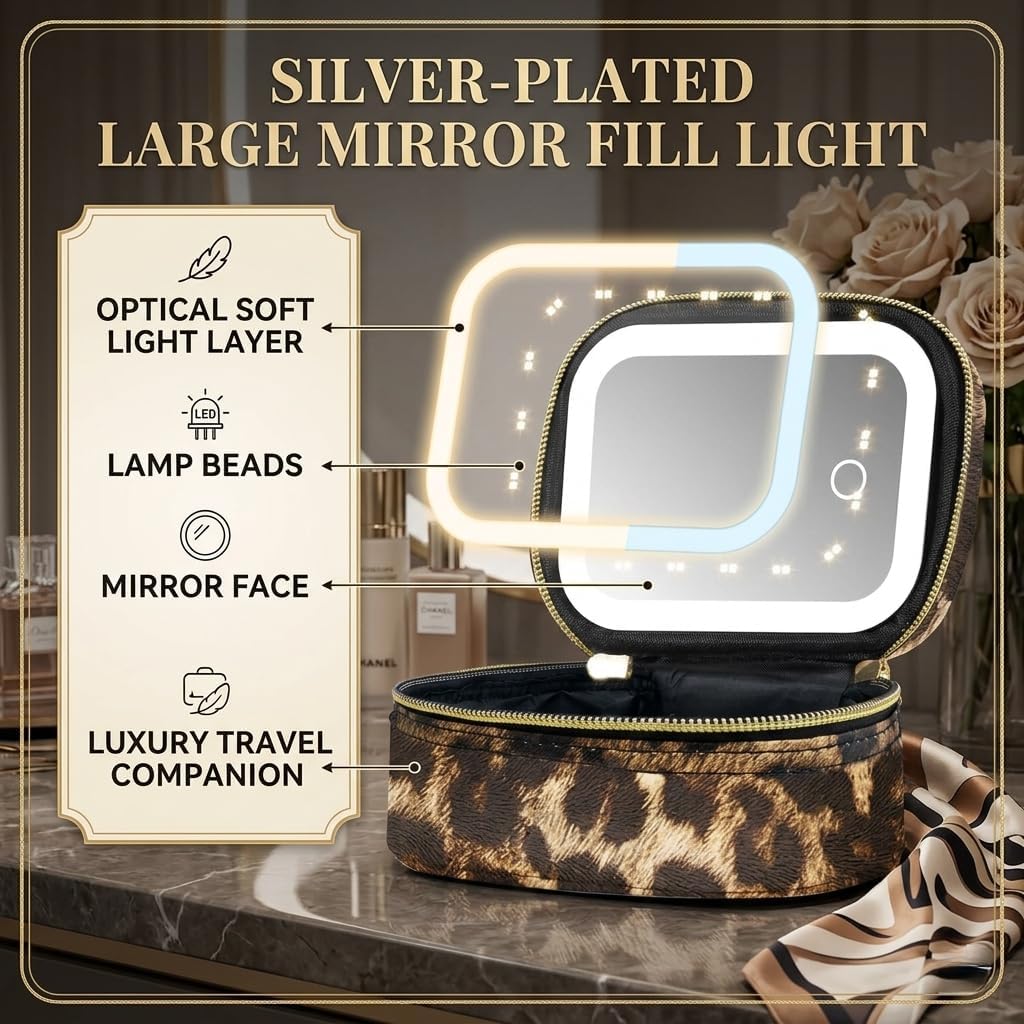 Small Makeup Bag Travel Train Case with Mirror and Light Mini Travel Make up for Women Train Case Cosmetic Organizer 3 Adjustable Brightness Toiletry Bag Portable Artist Storage (Leopard print)