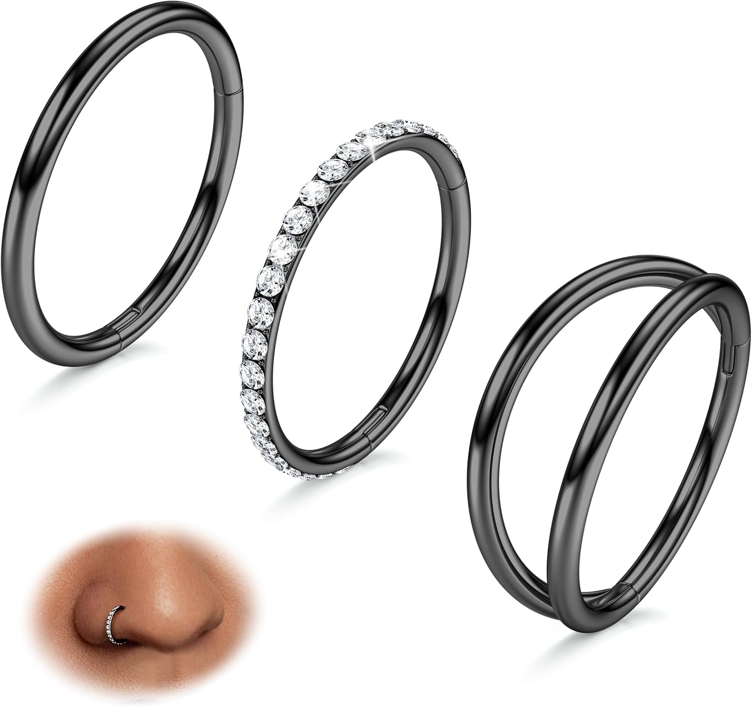 BodyBonita 3pcs Nose Rings Hoops - 316L Surgical Steel Double Hoop Nose Rings 16G/18G/20G Hinged CZ Conch Piercing Jewelry Septum Clicker Lip Rings Cartilage Earring Helix Rook Tragus Daith 7mm/8mm/9mm/10mm Black 18 gauge(1.0mm)-8mm-TopPick