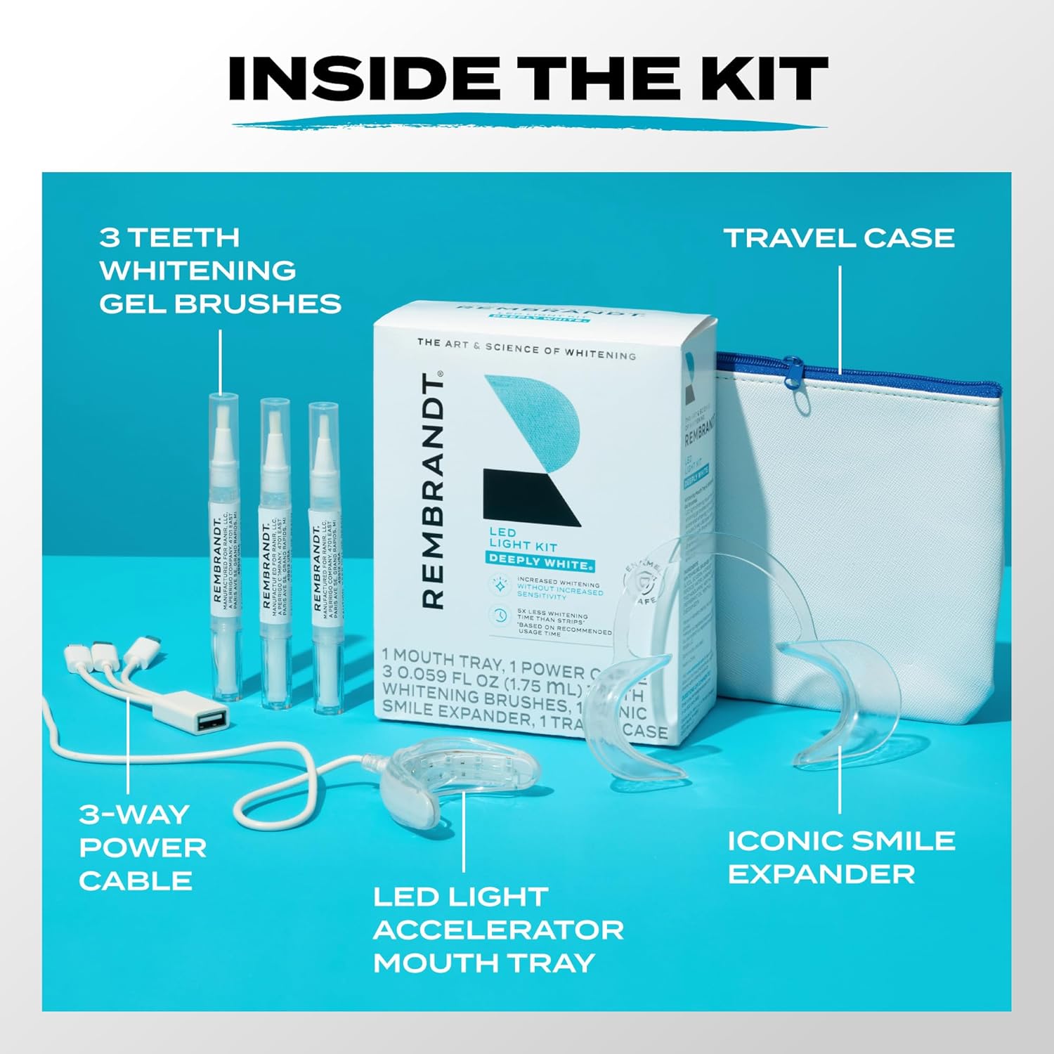 Rembrandt Teeth Whitening Kit, Deeply White, with LED Light Teeth Whitening Trays, 3-Way Power Cable, 3- Teeth Whitening Gel Brushes, 1 Iconic Smile Expander, 1 Travel Case - Image 5