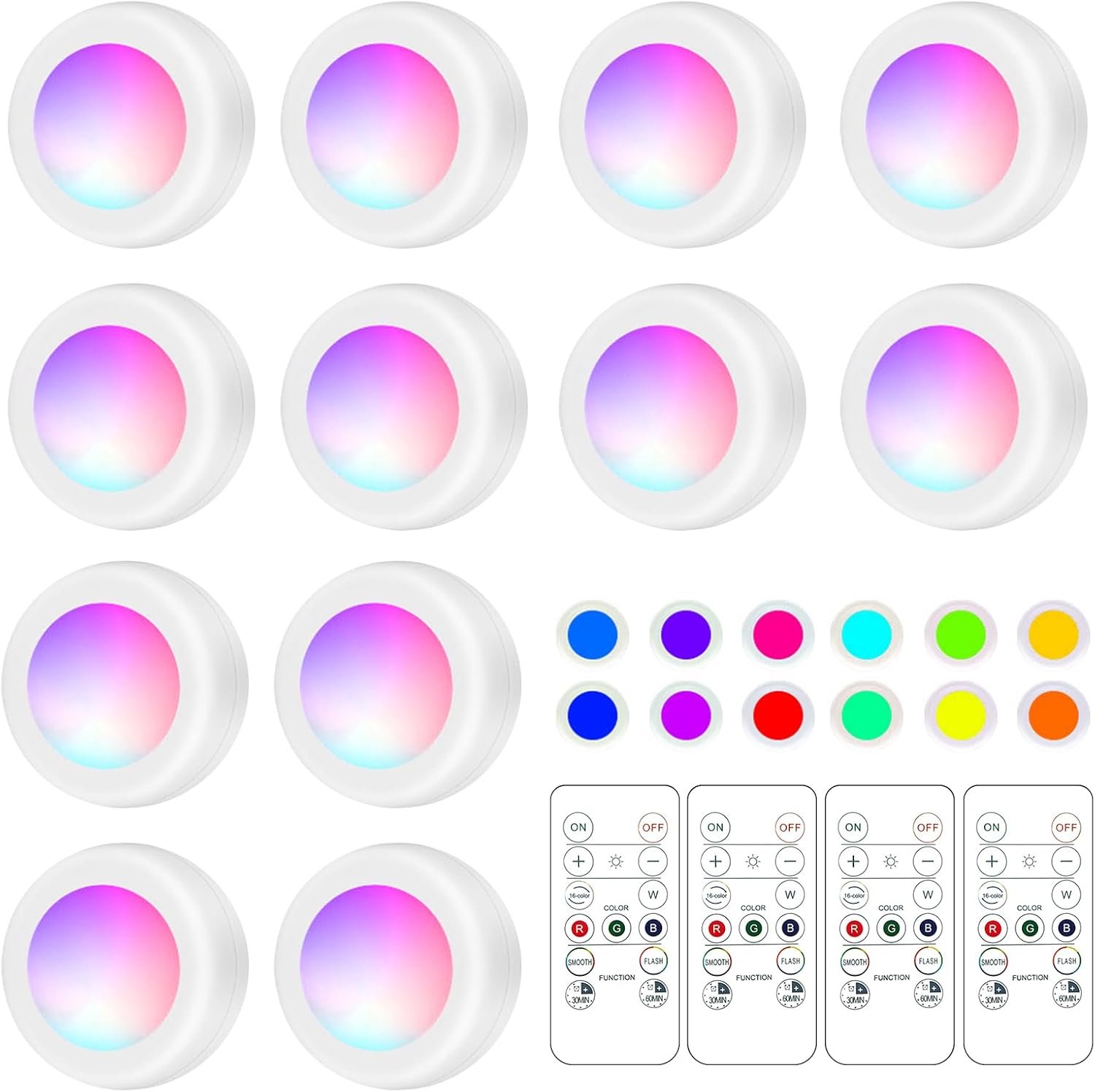 LED Puck Lights with Remote Control, 16 Color Changeable Under Cabinet with Control & Timing, Battery Operated Wireless Closet Lights for Closet, Bedroom,Kitchen,12 Pack - White