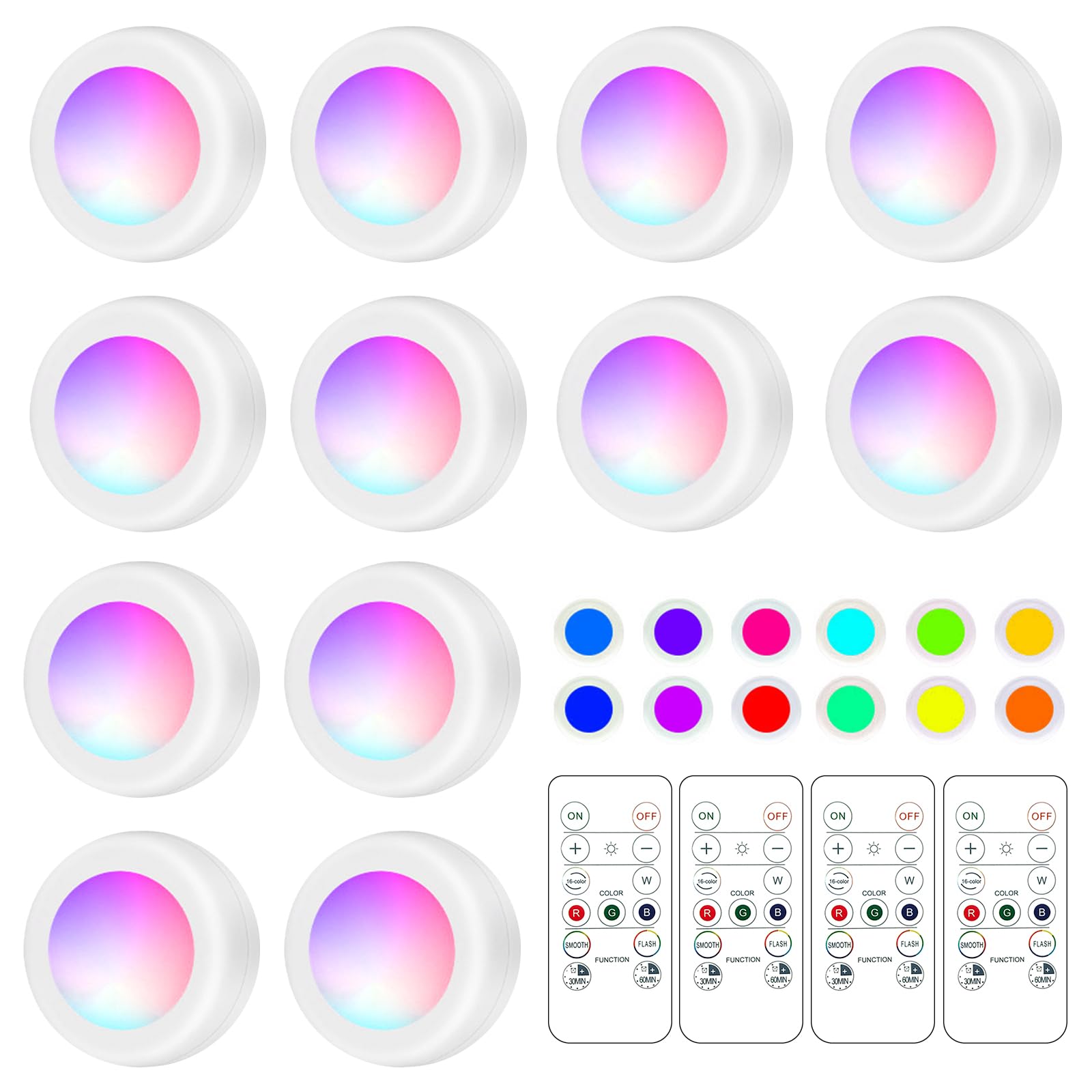 LED Puck Lights with Remote Control, 16 Color Changeable Under Cabinet with Control & Timing, Battery Operated Wireless Closet Lights for Closet, Bedroom,Kitchen,12 Pack - White