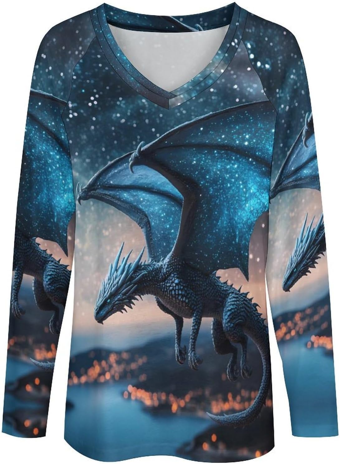 Flying Dragon Long Sleeve Shirts Loose T Shirts V-neck Tees Tops Casual Sweatshirt for Women