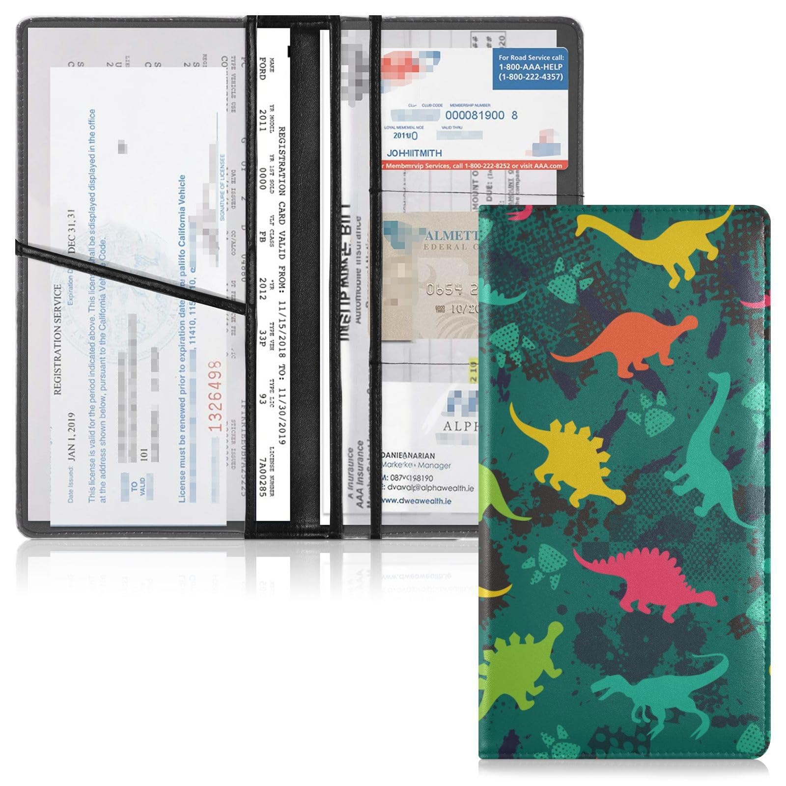 GuoChe Car Registration and Insurance Card Holder Cute Colorful Dinosaurs Green PU Leather License Registration Holder for Driver License Insurance Card Paperwork for Men Women, 1 size