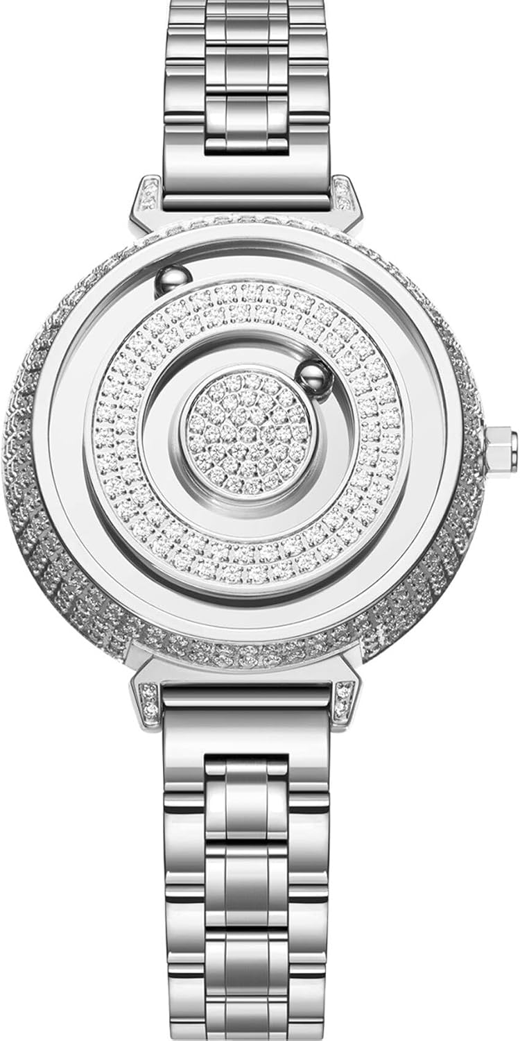 EUTOUR Watches for Women Analogue Quartz Metal, Shining Rhinestone Wrist Watch, Two Magnetized Balls Women's Chronograph Dress Watch with Stainless Steel Mesh Strap Sliver 36mm