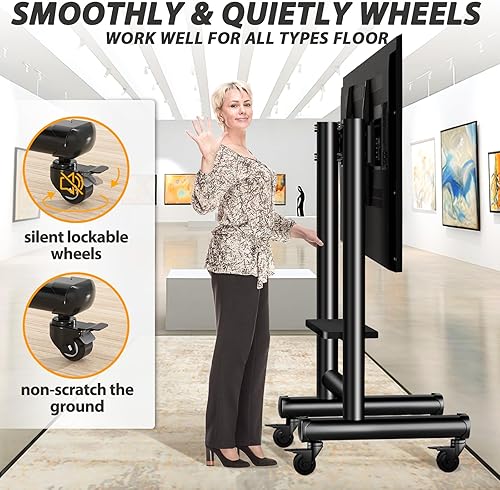 Miniatura 3 de TVON Carrito de TV móvil resistente para televisores grandes de 50 a 92 pulgadas de hasta 200 libras, soporte de TV rodante ajustable en altura con