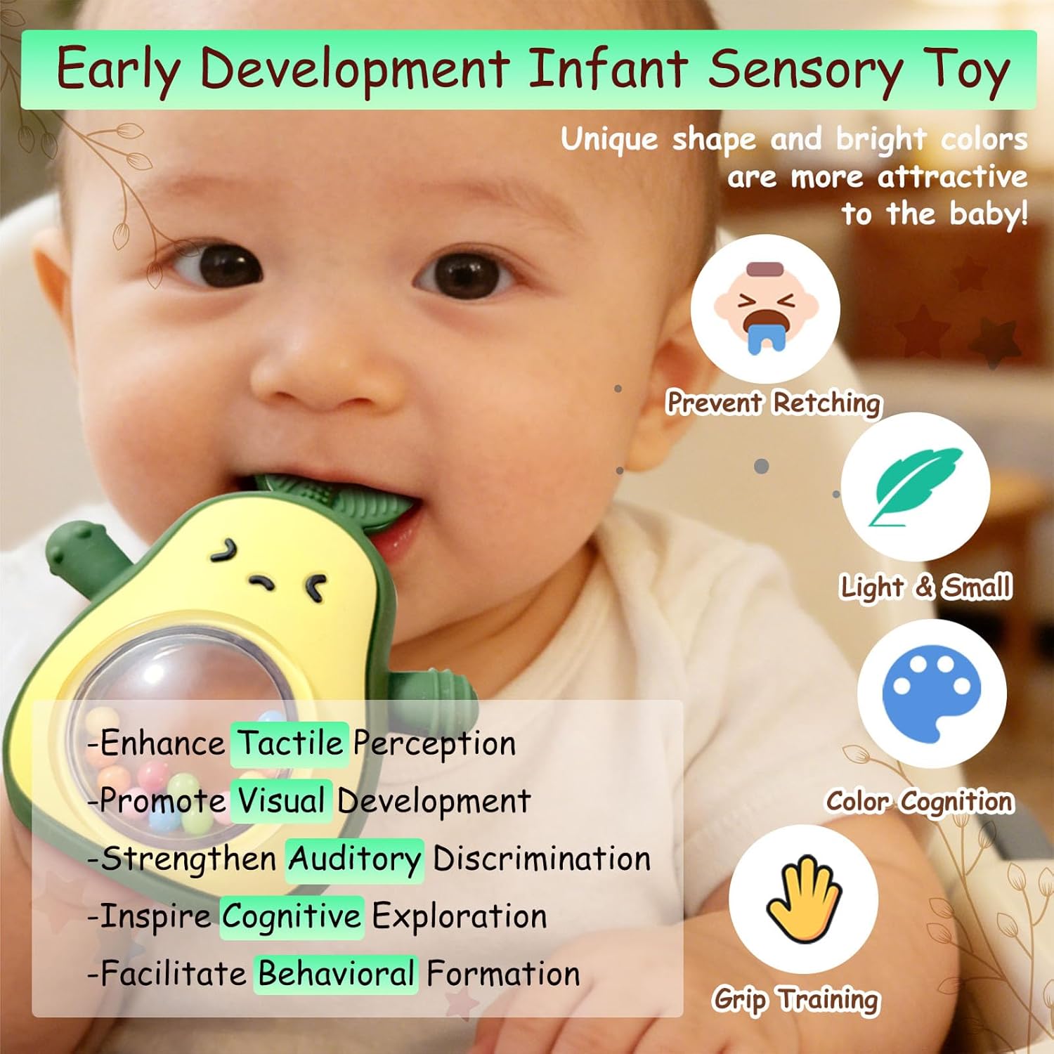 Baby Rattle Teething Toys Silicone Avocado Teething Mitten Sensory Toys for Grasping Chewing Sucking Hearing Needs-Baby Teether for Teething Relief-BPA Free Infant Toys Baby Shower Gifts (Green)