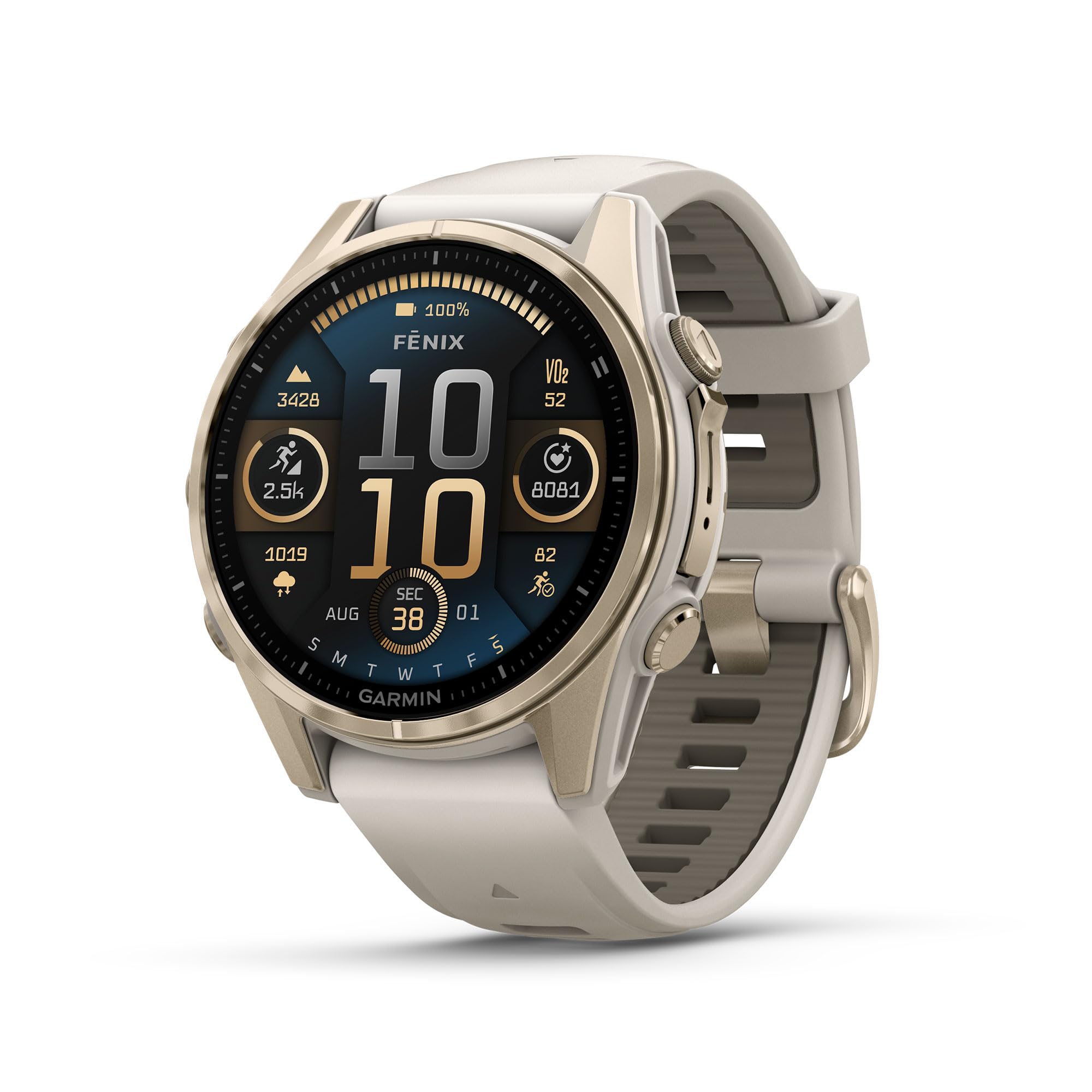 Garmin Fenix 8, 43mm, AMOLED, Sapphire, Smartwatch, Soft Gold with Fog Gray Silicone Band