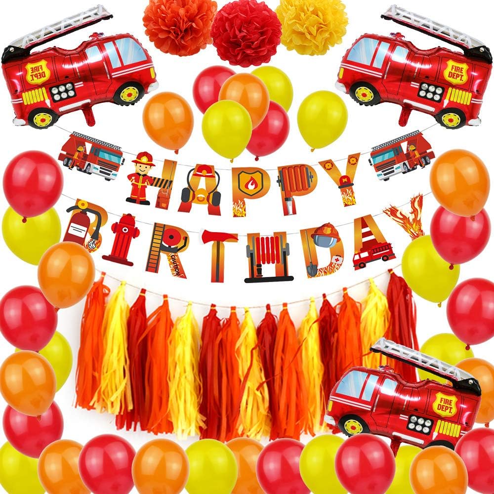 Fire Truck Party Supplies - Fireman Happy Birthday Banner, Paper Pom Pom Tissue Tassels, Firefighter Birthday Balloon, Fire Truck Party Decorations