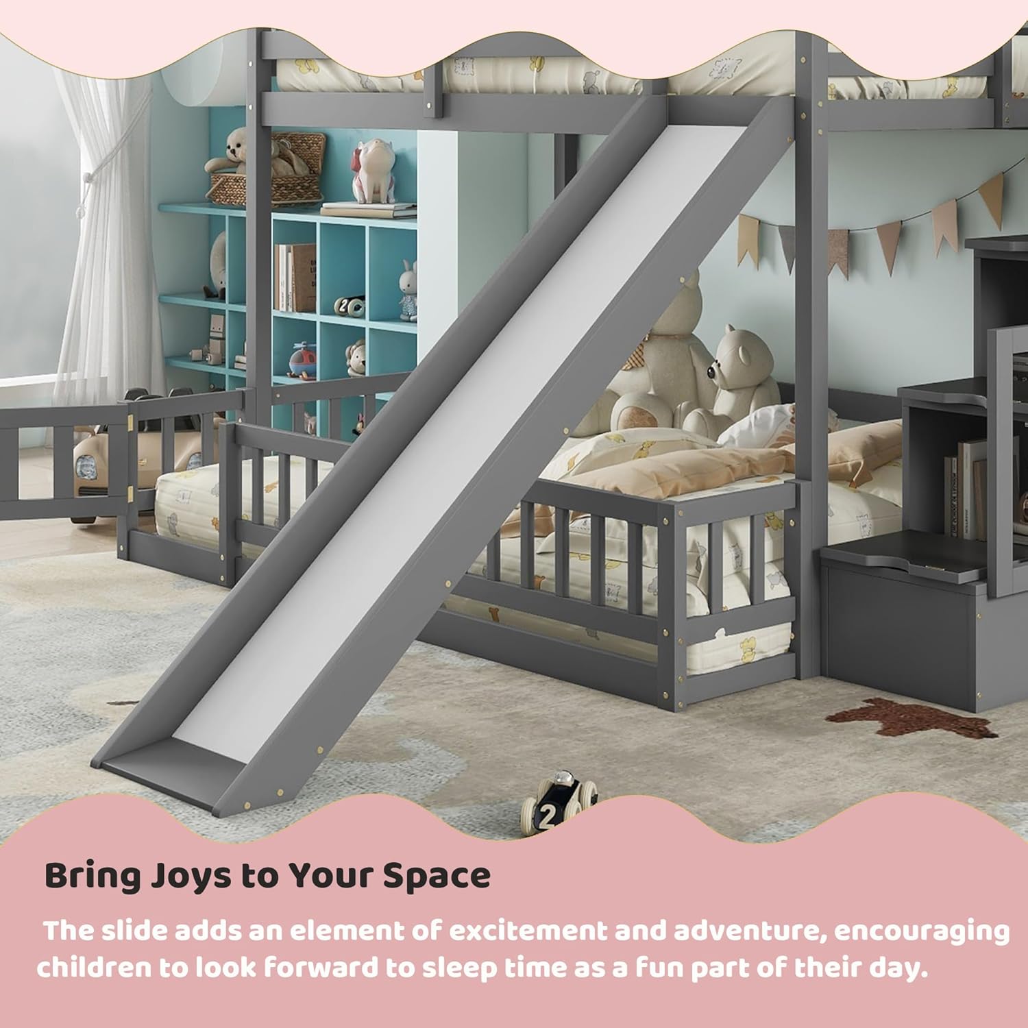 Twin Over Full Bunk Beds with Slide and Stairs, Low Bunk Bed Frame with Rails, Convertible Wood Bunk Bed with Storage Staircase for Kids Boys Girls, Gray