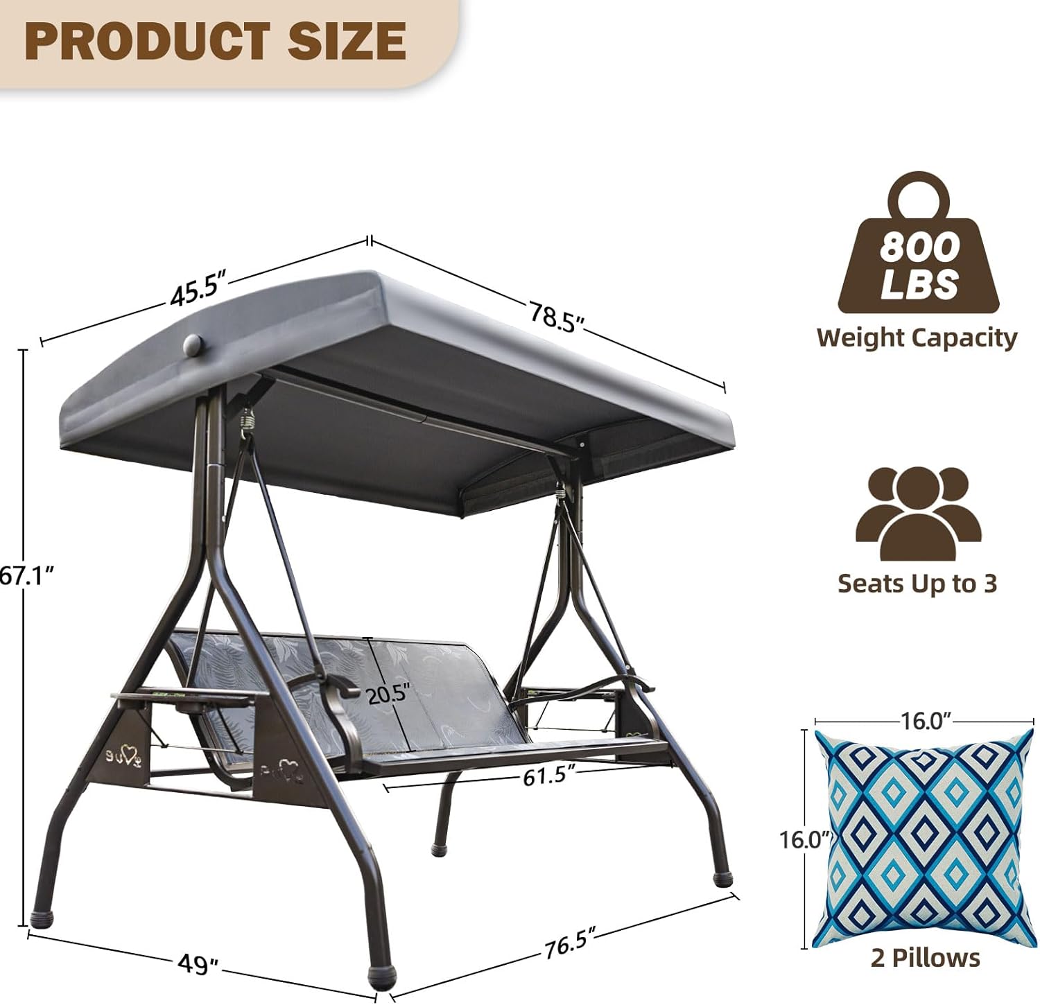 3 Person Patio Swing Outdoor Swing for Adults with Adjustable Canopy &Upgraded Cup Holders Textilene Fabric Porch Swing Chair with Stand Heavy Duty 800 LBS