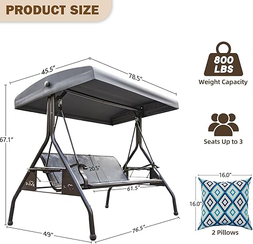 Miniatura 7 de Columpio de patio para 3 personas para adultos con toldo ajustable y portavasos mejorados, tela de textileno, silla de columpio con soporte