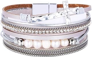 Multilayer Leather Cuff Bracelet for Women Clasp Wrap Bangle Bracelet Bohemian Wristband Jewelry Gift for Women (R:silver leather bracelet)
