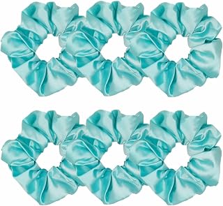 6 Pcs Satin Silk Hair Scrunchies and Ponytail Holders - Soft Hair Ties, Fashion Bands, Bows, Ropes, Elastics - Hair Accessories for Women and Girls (4.3 inch, Blue Green)