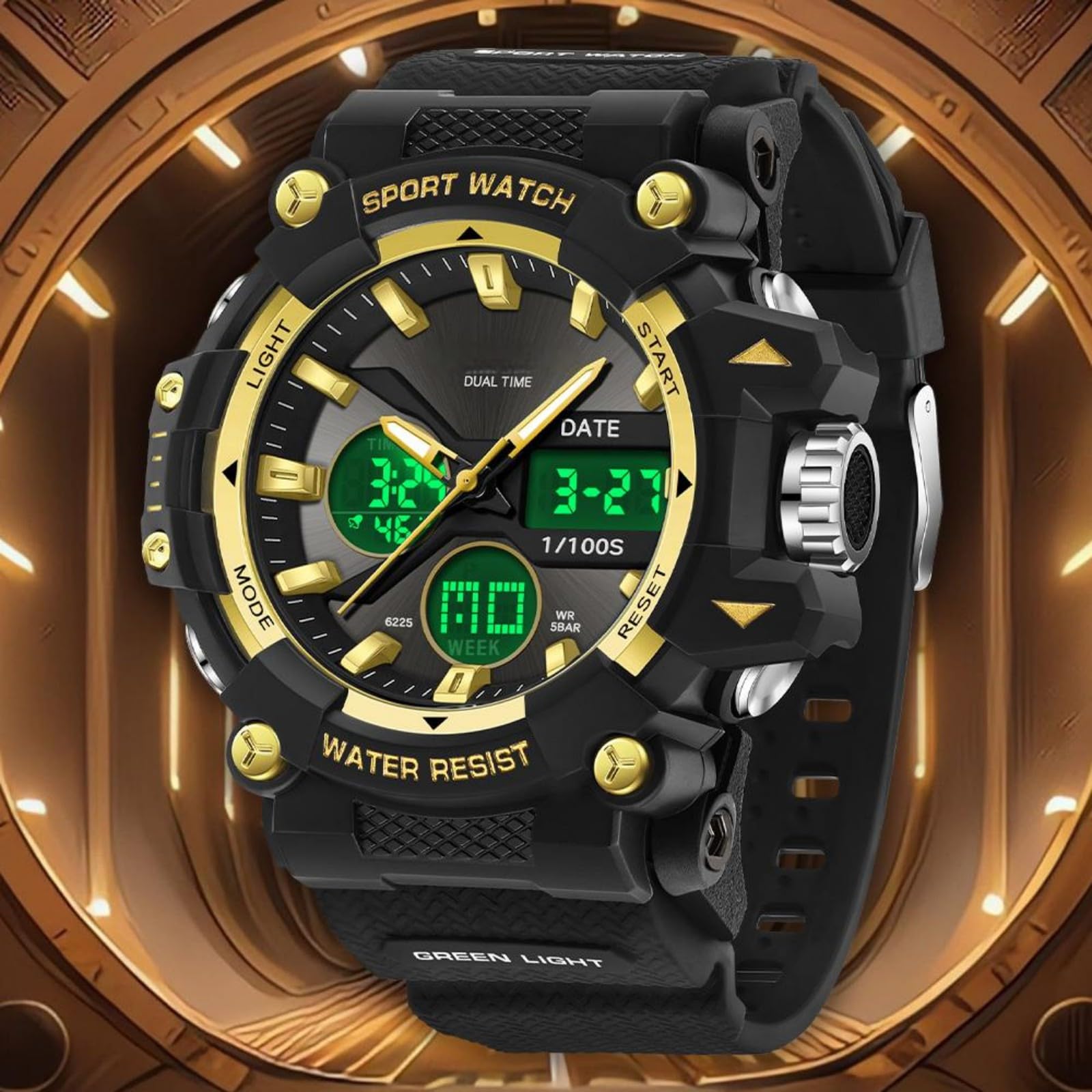 findtime Montre de sport pour homme avec date, analogique, numérique, rétro-éclairage LED, étanche, doré, Décontracté