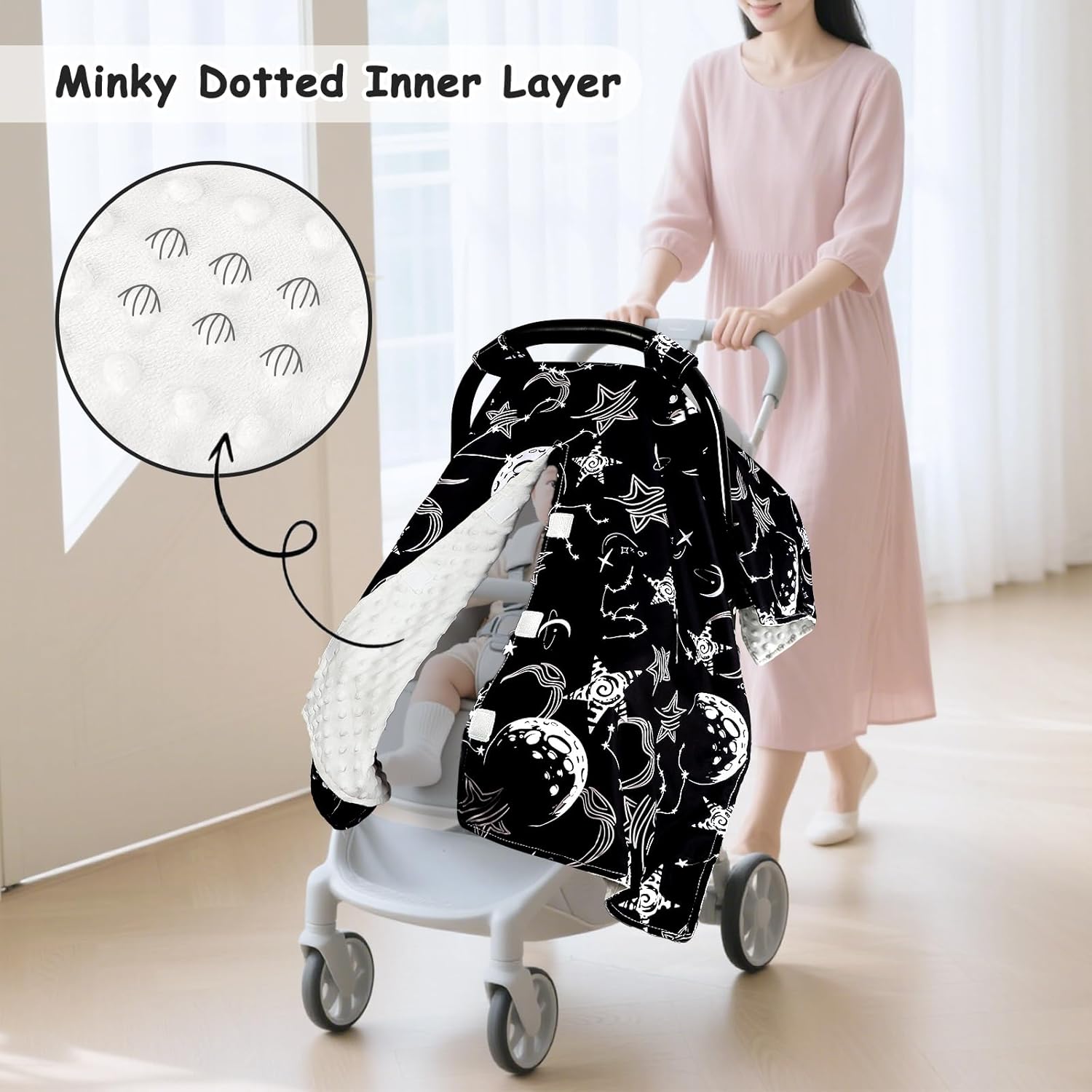 Baby Car Seat Cover, Soft Minky Warm Winter Car Seat Canopy for Infants & Toddlers, Opening with Adjustable Strap, Breathable Nursing Cover & Stroller Blanket, Black Starry Sky (Fits Most Car Seats) - Image 2