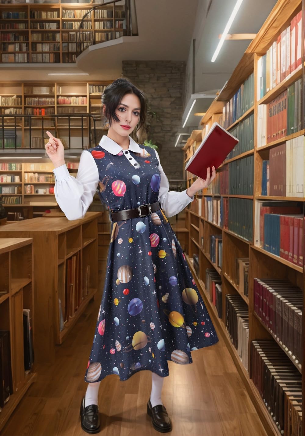 C-ZOFEK Halloween Teacher Cosplay Costume Magic Space Planet Dress Women Doll Collar Long Sleeves Bus Earrings Full Outfits