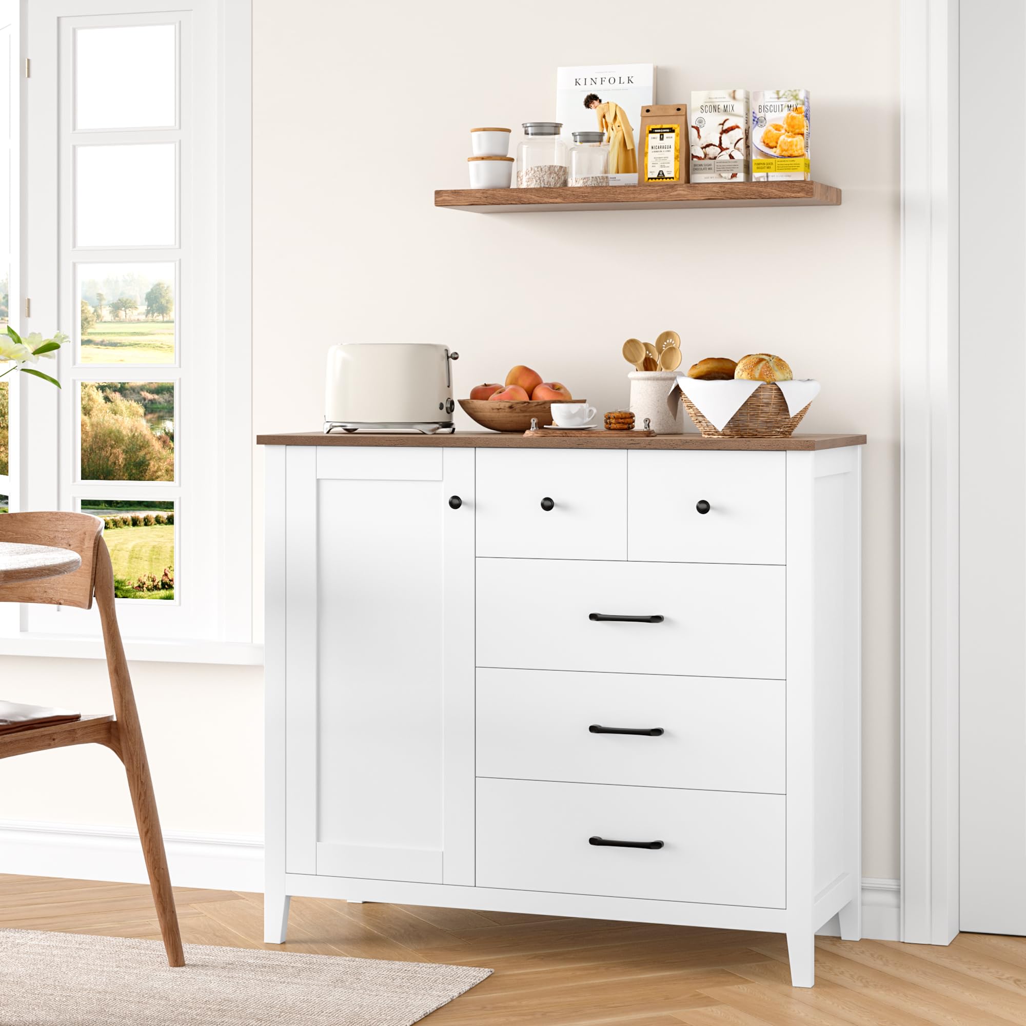 HOCSOK Credenza Cucina con 5 Cassetti e 1 Porta, Mobile Ingresso in Legno | Ripiano Regolabile, Madia Soggiorno Moderna con Piano, 108 x 82,5 x 39 cm, per Soggiorno, Cucina e Ingresso, Bianco e Marrone