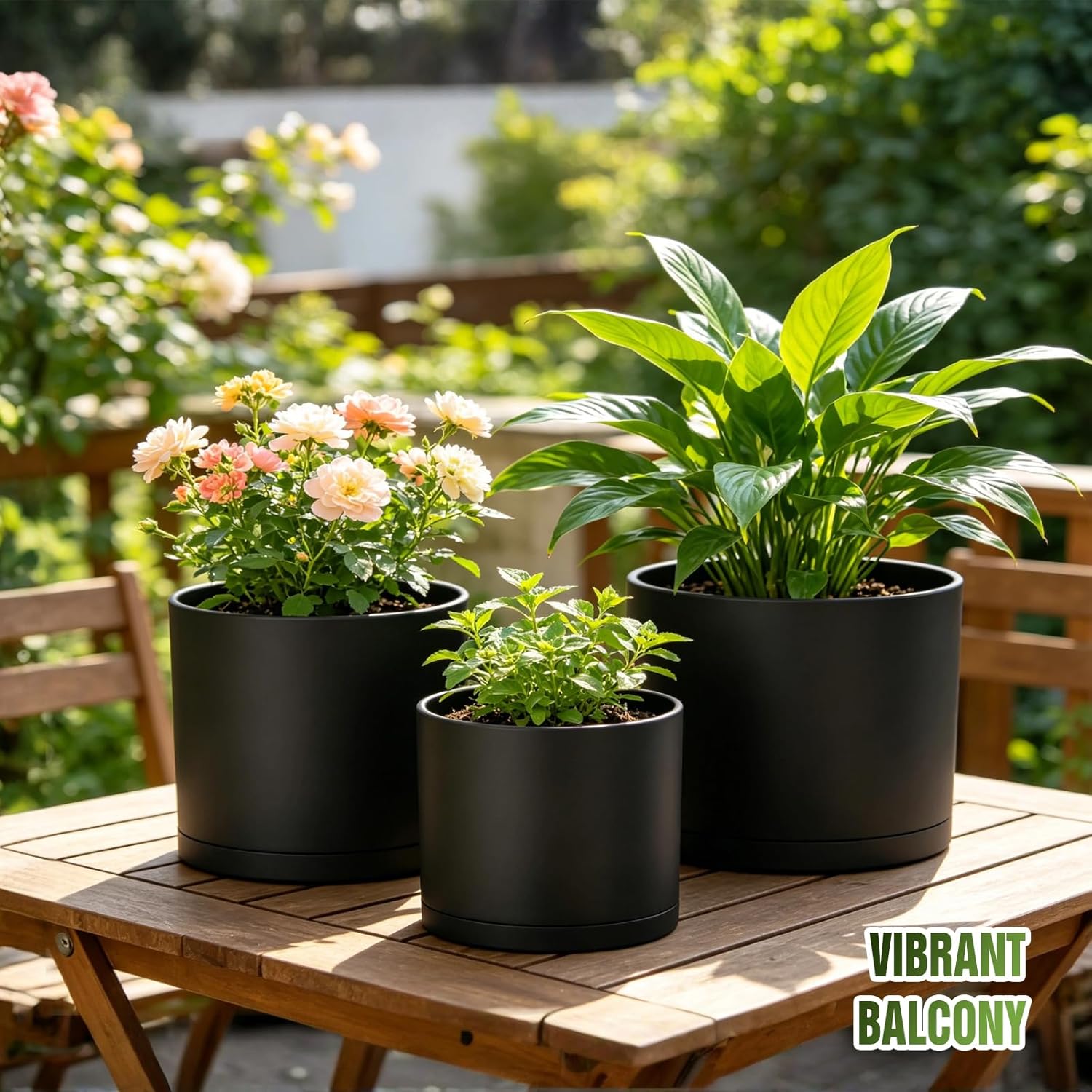 10/9/8 Inch Large Plant Pots with Drainage Holes and Trays, 3 Pack Modern Minimalist Cylinder Planters for Monstera, Snake Plant, Indoor Outdoor (Matte Black)