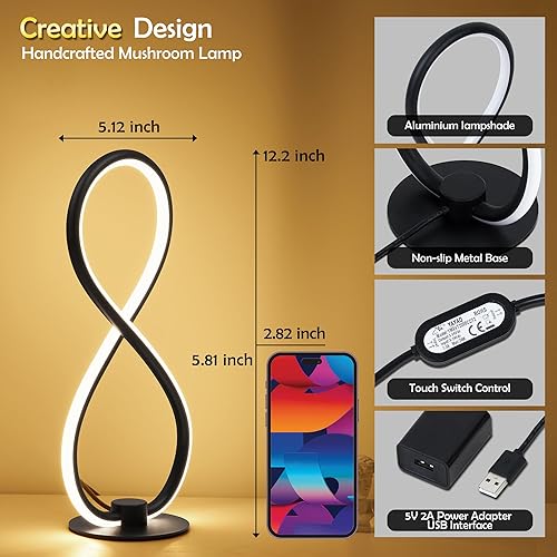 Miniatura 5 de Modernas lámparas de mesa táctiles negras, juego de 2 lámparas de noche, lámpara LED de mesita de noche de 12.2 pulgadas con adaptador USB, pequeña