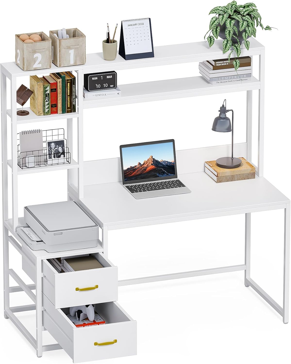 LITTLE TREE Computer Desk with Drawers and Hutch, 55" Gaming Desk with Storage Shelves, Modern Wooden Study Writing Desk for Bedroom Home Office, Brown