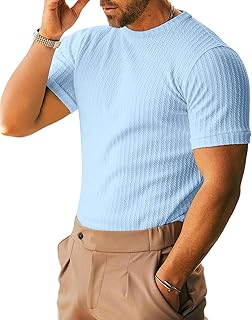 Men's Ribbed Knit T-Shirts Short Sleeve Casual Crewneck Slim Fit Textured Pullover Tees