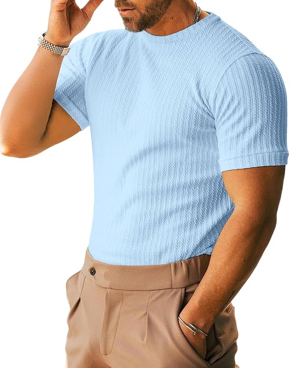 XINGCOOL Mens T-Shirts Ribbed Knit Shirts Short Sleeve Dressy Crewneck Shirt Summer Slim Fit Sky Blue by XINGCOOL - Used condition - US$18.11