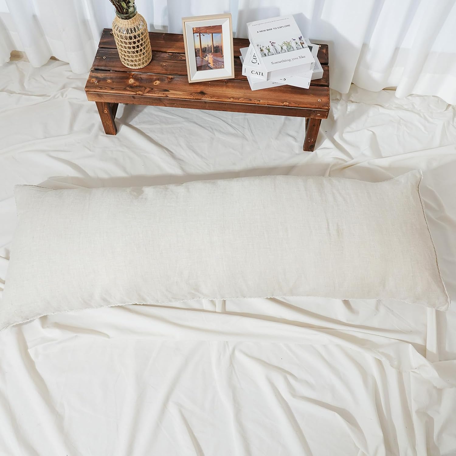 100% Pure Linen Body Pillow Cover with Lace, 20" x 54" inches Long Pillow Case,Soft and Breathable Pillowcase with Envelope Closure for Decorative and Bed (Linen)