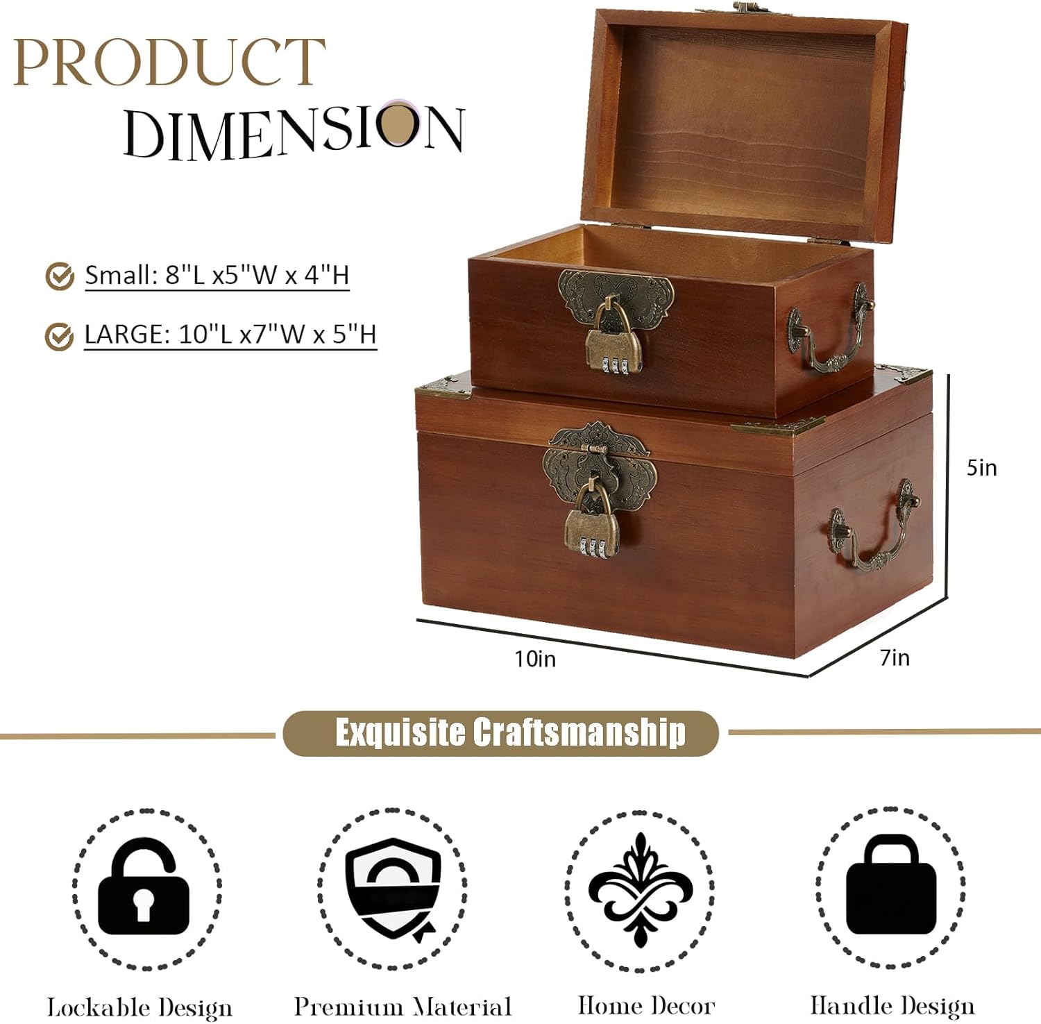 2PCS Decorative Wooden Storage Box with Lids Handmade Memory Box for keepsakes Treasure Chest Box with lock Vintage Wood Baskets Metal Handle Jewelry Desk Organizer Container, Walnut