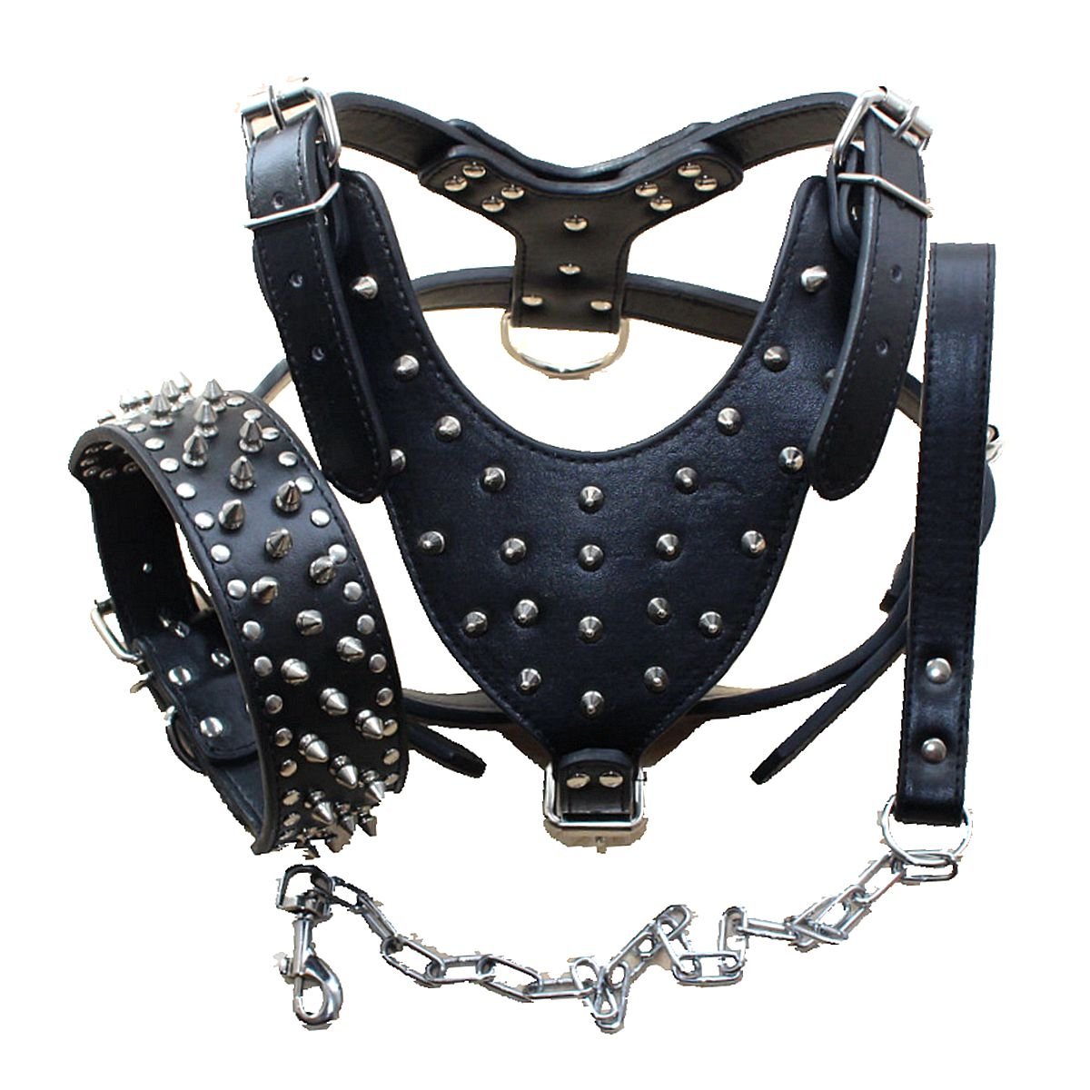 Pimaodog Breed Leather Spiked Studded Dog Harness,Collar & Leashes 3Pcs Set for Medium & Large Dog Pit Bull,Mastiff, Boxer, Bull Terrier (Studs Black,