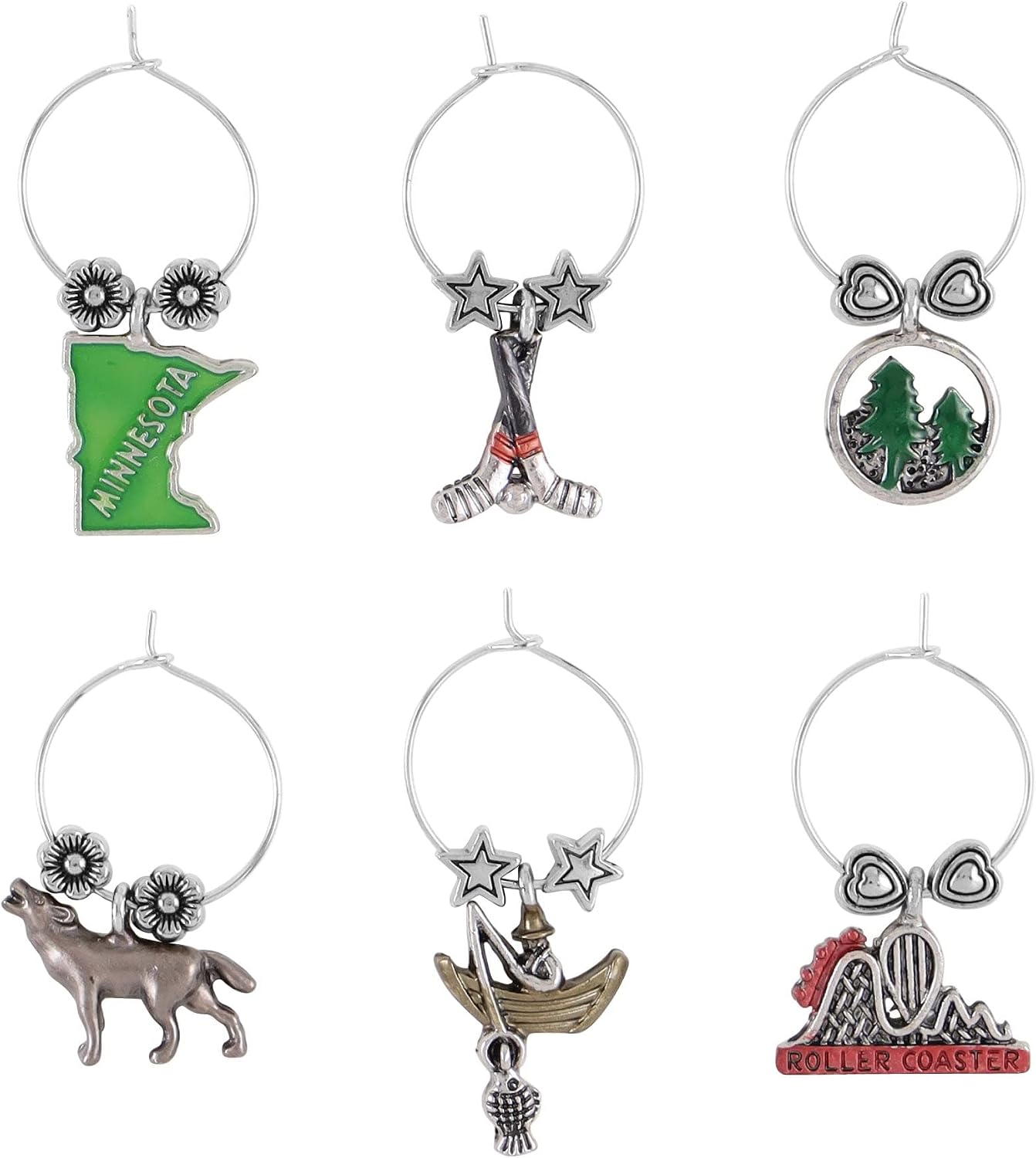 UP UPware Minnesota Wine Charms, Zinc Alloy Wine Glass Tags for Stem Glasses, Drink Markers Identifiers for Parties, Tastings, and Entertaining, Multicolor, Set of 6