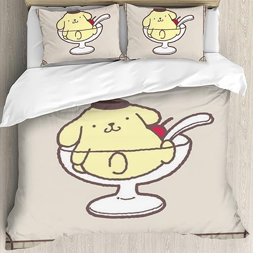 Juego de ropa de cama de 3 piezas con estampado digital tridimensional 3D Pompompurin, funda de edredón, funda de colcha para niños